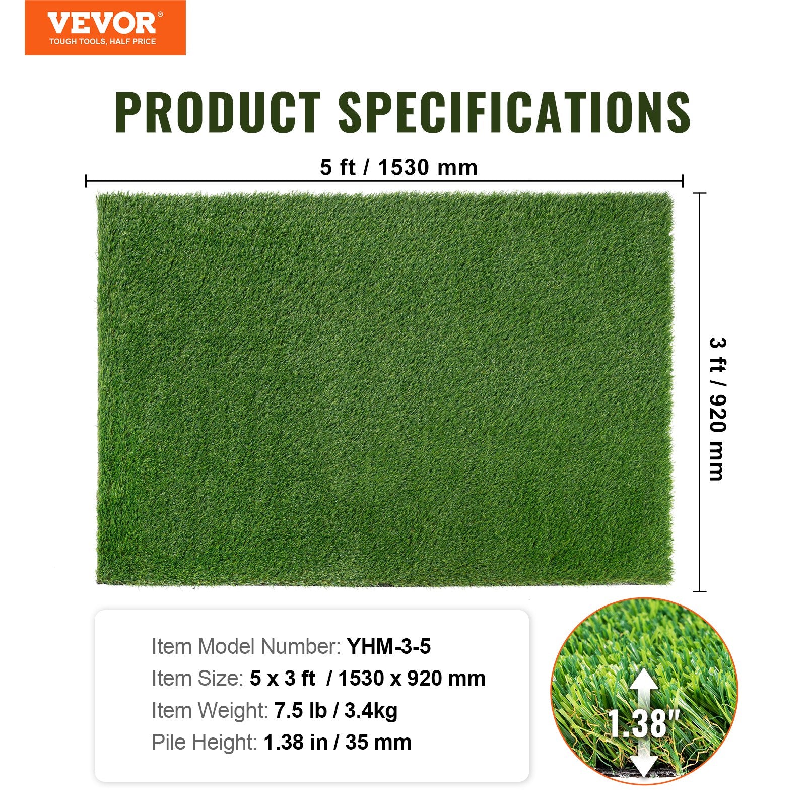 Outdoor Power Equipment: VEVOR Artifical Grass, 3 x 5 ft Rug Green Turf, 1.38" Fake Door Mat Outdoor Patio Lawn Decoration, Easy to Clean with Drainage Holes, Perfect For Multi-Purpose Home Indoor Entryway Scraper Dog Mats