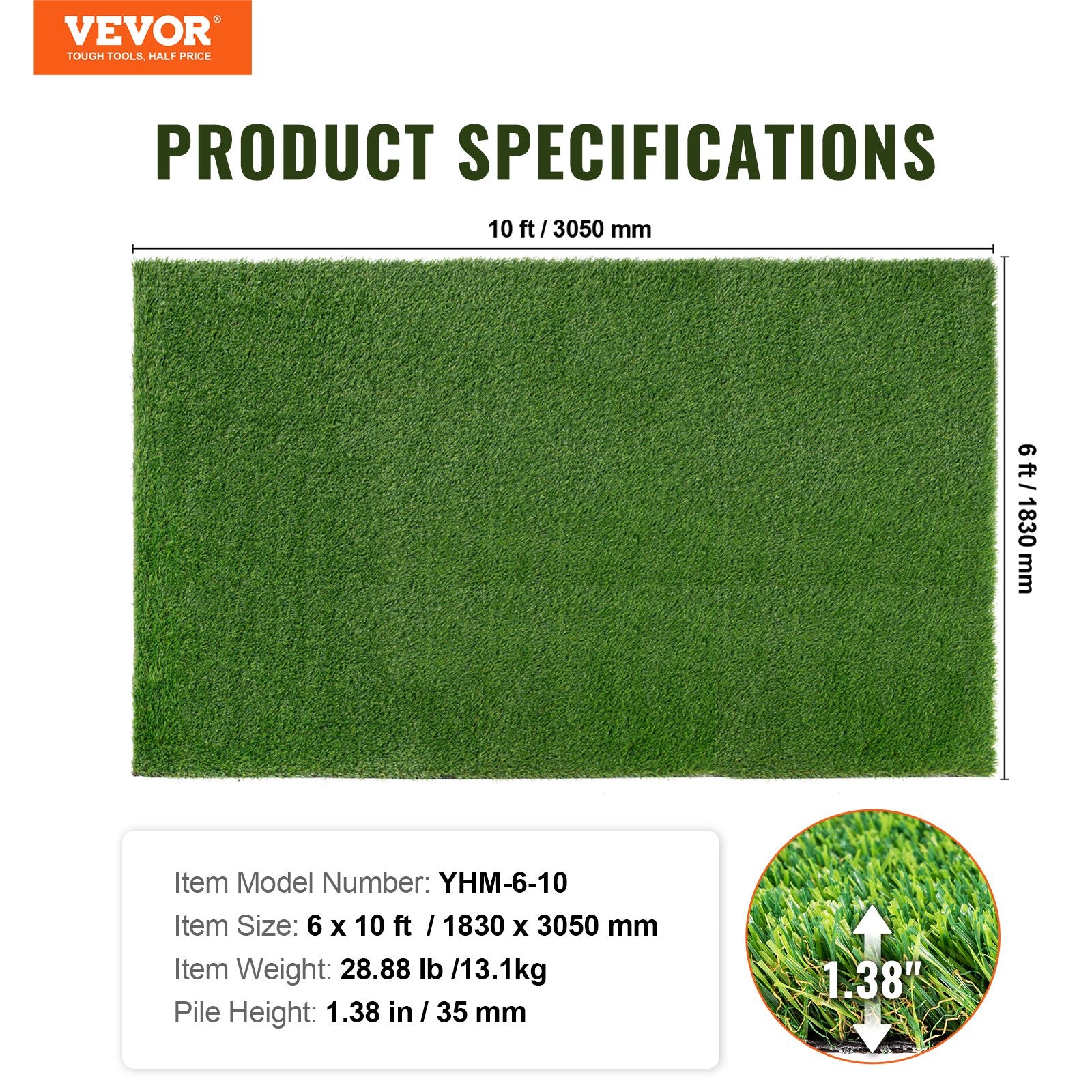 Outdoor Power Equipment: VEVOR Artifical Grass, 6 x 10 ft Rug Green Turf, 1.38"Fake Door Mat Outdoor Patio Lawn Decoration, Easy to Clean with Drainage Holes, Perfect For Multi-Purpose Home Indoor Entryway Scraper Dog Mats