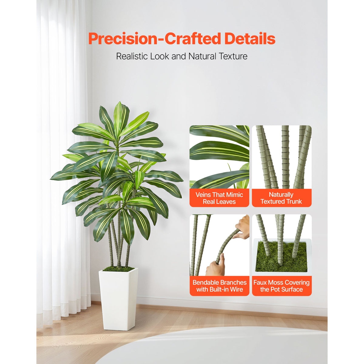 Artificial Dracaena Tree 1524 mm, Fake Palm Tropical Plants with White Tall Planter, Faux Floor Silk Plant in Pot, Large Trees for Home Office Living Room Decor House Warming, Indoor Outdoor