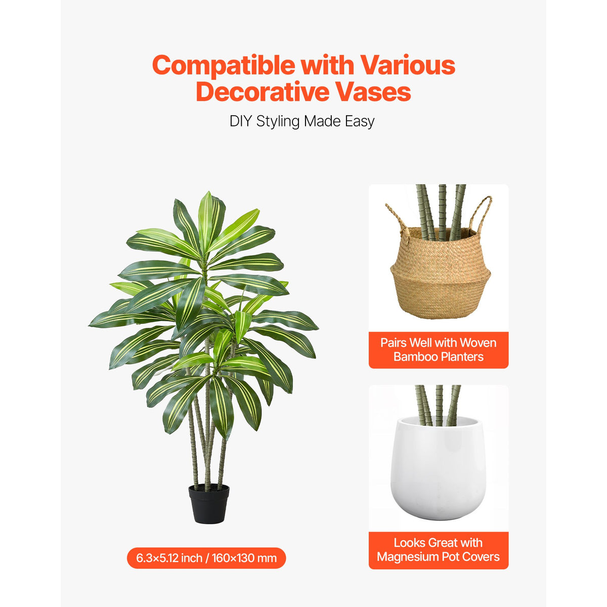 Artificial Dracaena Tree 1524 mm, Fake Palm Tropical Plants with White Tall Planter, Faux Floor Silk Plant in Pot, Large Trees for Home Office Living Room Decor House Warming, Indoor Outdoor