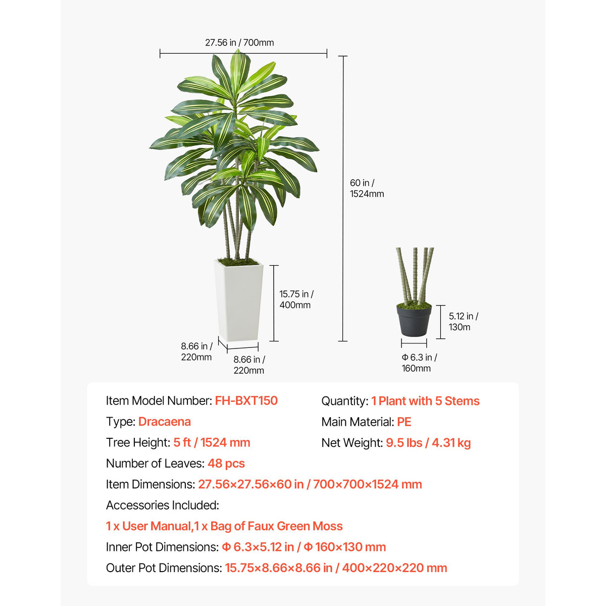 Artificial Dracaena Tree 1524 mm, Fake Palm Tropical Plants with White Tall Planter, Faux Floor Silk Plant in Pot, Large Trees for Home Office Living Room Decor House Warming, Indoor Outdoor