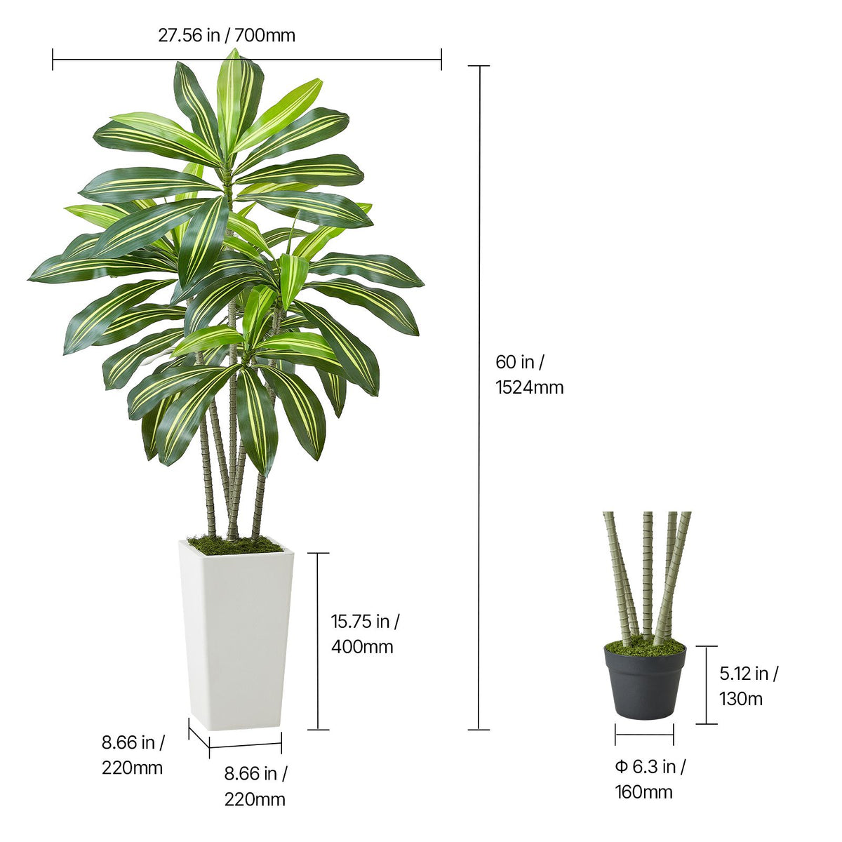 Artificial Dracaena Tree 1524 mm, Fake Palm Tropical Plants with White Tall Planter, Faux Floor Silk Plant in Pot, Large Trees for Home Office Living Room Decor House Warming, Indoor Outdoor