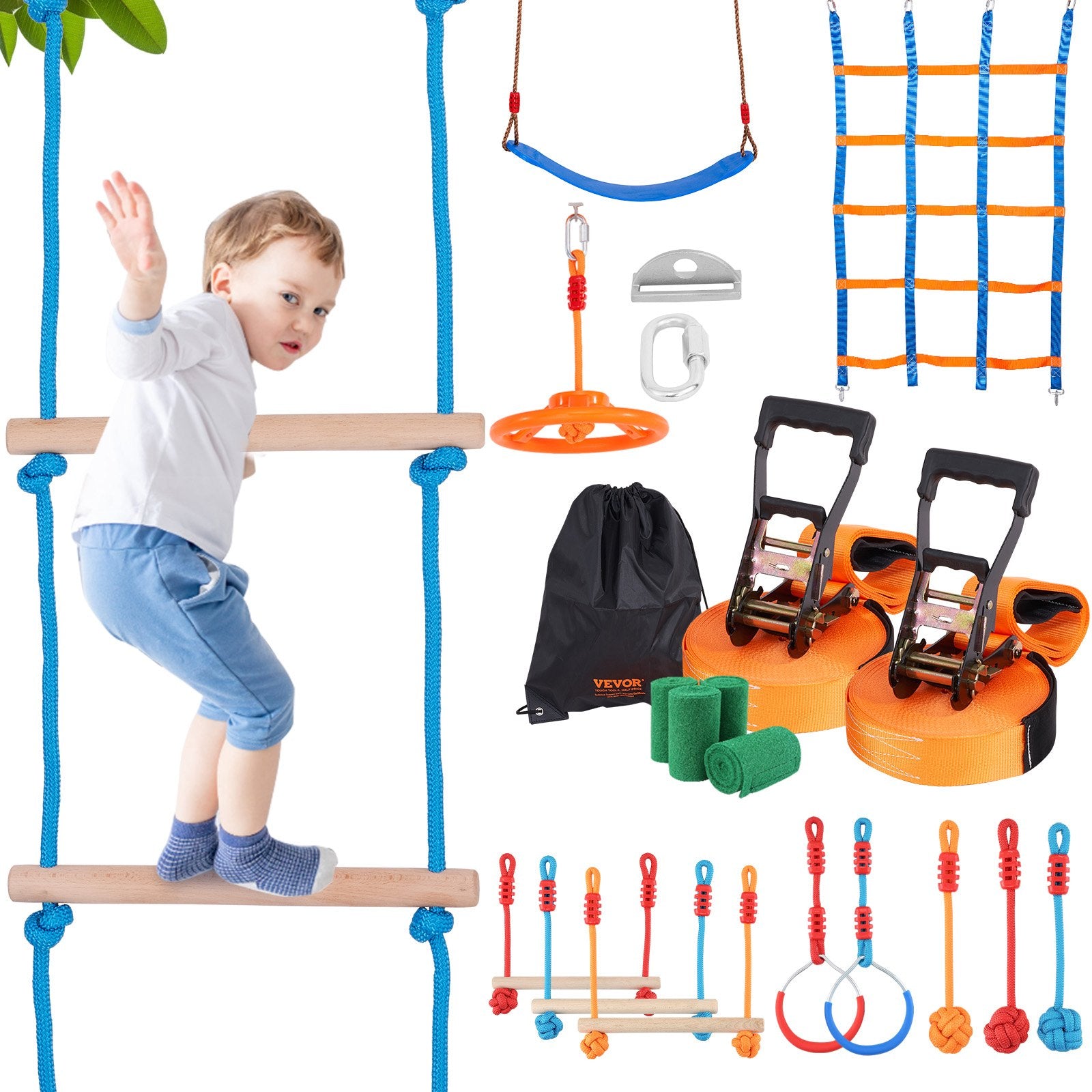 Outdoor Play Equipment: VEVOR Ninja Warrior Obstacle Course for Kids, 2 x 17m Weatherproof Slacklines, 227kg Weight Capacity Monkey Line, Outdoor Playset Equipment, Backyard Toys Training Equipment Set with 12 Obstacles