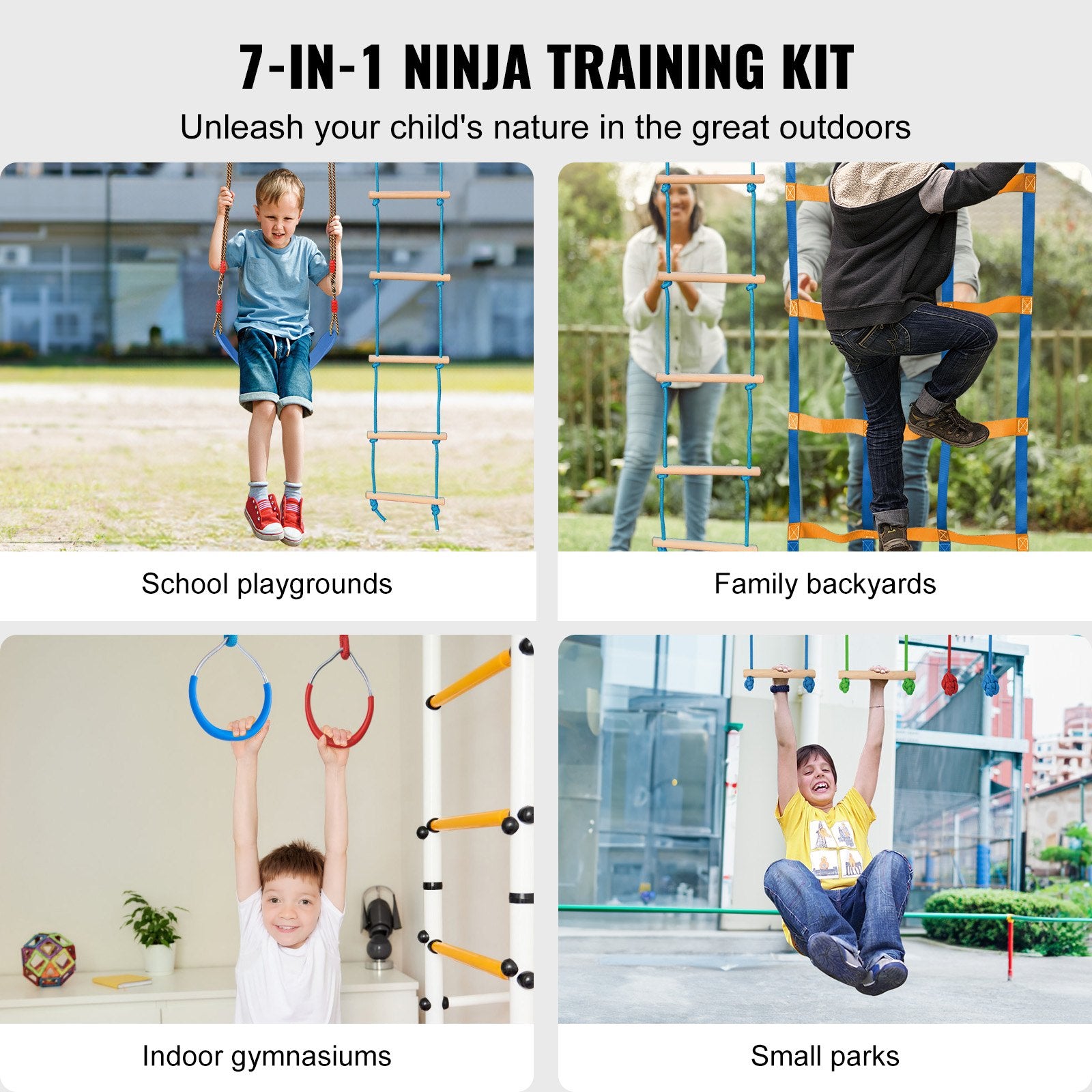 Outdoor Play Equipment: VEVOR Ninja Warrior Obstacle Course for Kids, 2 x 17m Weatherproof Slacklines, 227kg Weight Capacity Monkey Line, Outdoor Playset Equipment, Backyard Toys Training Equipment Set with 12 Obstacles