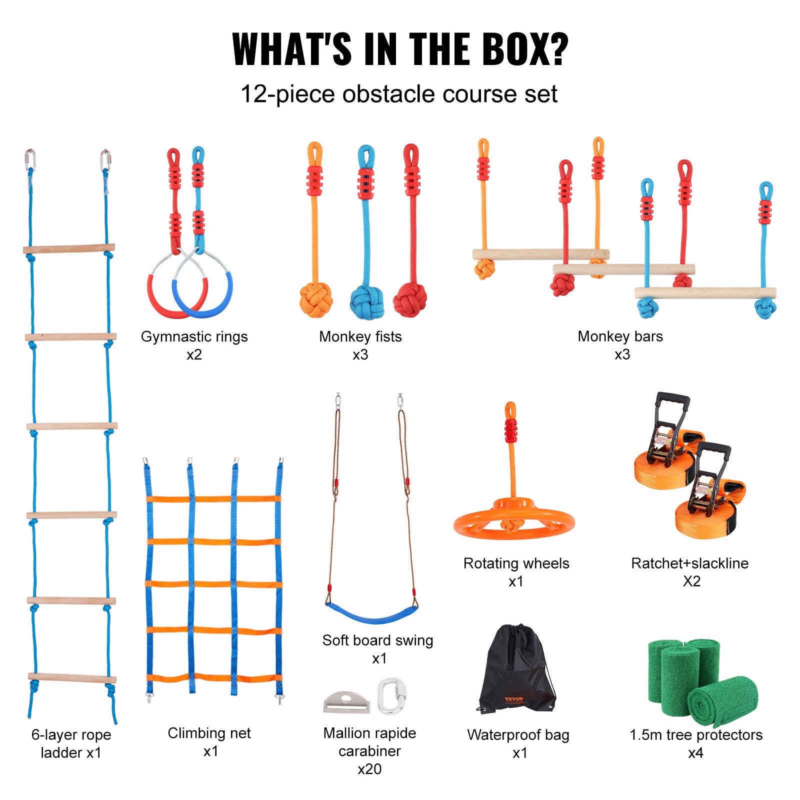 Outdoor Play Equipment: VEVOR Ninja Warrior Obstacle Course for Kids, 2 x 17m Weatherproof Slacklines, 227kg Weight Capacity Monkey Line, Outdoor Playset Equipment, Backyard Toys Training Equipment Set with 12 Obstacles