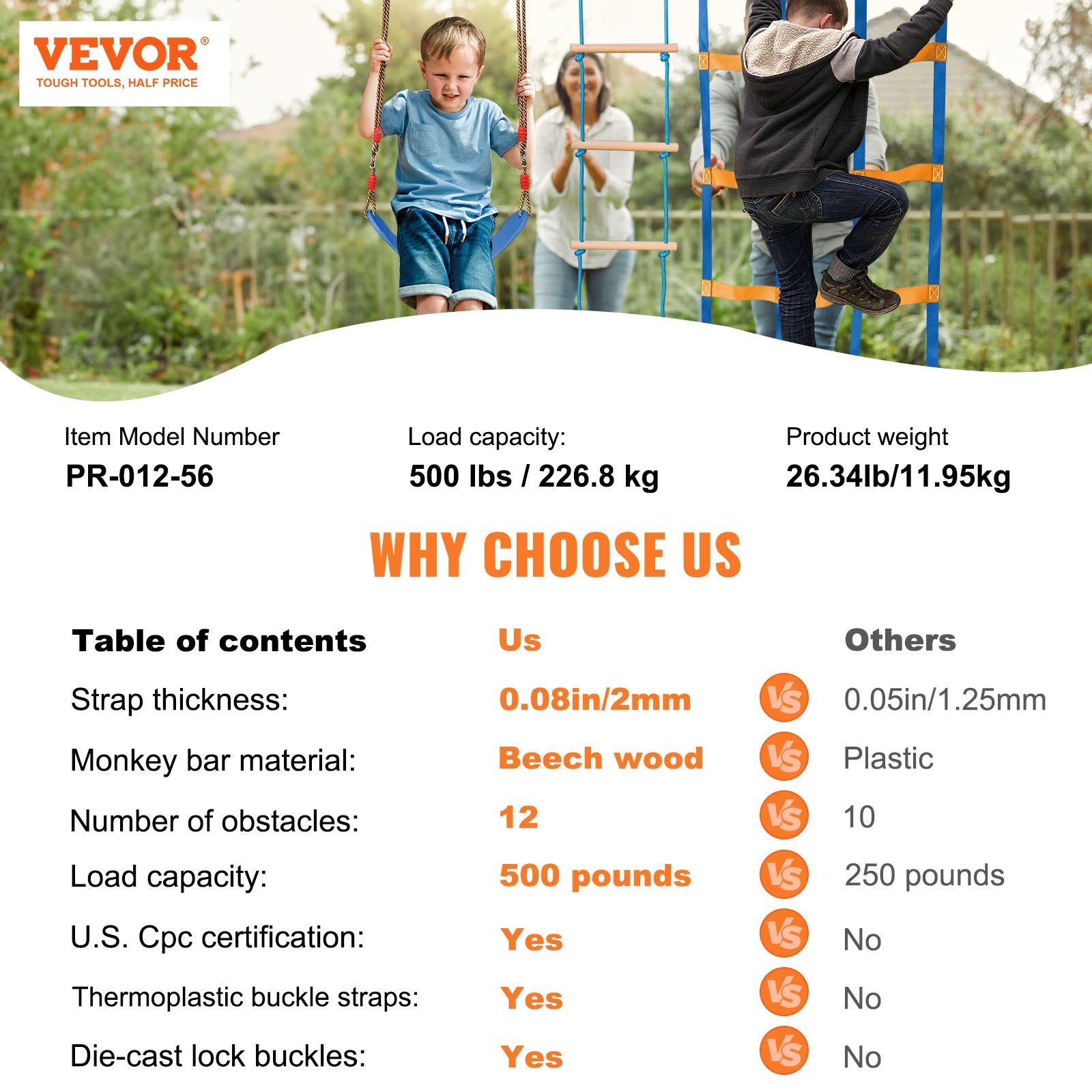 Outdoor Play Equipment: VEVOR Ninja Warrior Obstacle Course for Kids, 2 x 17m Weatherproof Slacklines, 227kg Weight Capacity Monkey Line, Outdoor Playset Equipment, Backyard Toys Training Equipment Set with 12 Obstacles