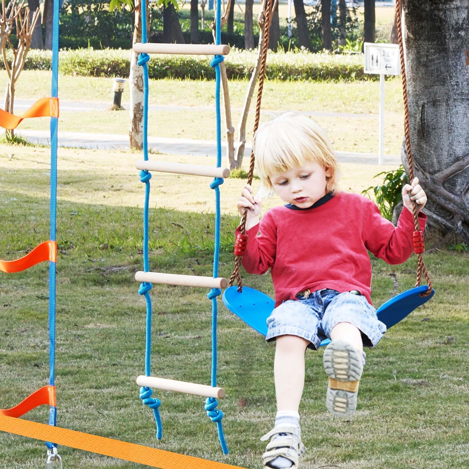 Outdoor Play Equipment: VEVOR Ninja Warrior Obstacle Course for Kids, 2 x 17m Weatherproof Slacklines, 227kg Weight Capacity Monkey Line, Outdoor Playset Equipment, Backyard Toys Training Equipment Set with 12 Obstacles