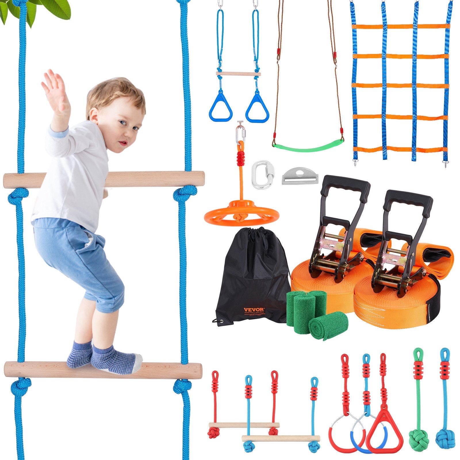 Outdoor Play Equipment: VEVOR Ninja Warrior Obstacle Course for Kids, 2 x 19.8m Weatherproof Slacklines, 500lbs Weight Capacity Monkey Line, Outdoor Playset Equipment, Backyard Toys Training Equipment Set with 12 Obstacles