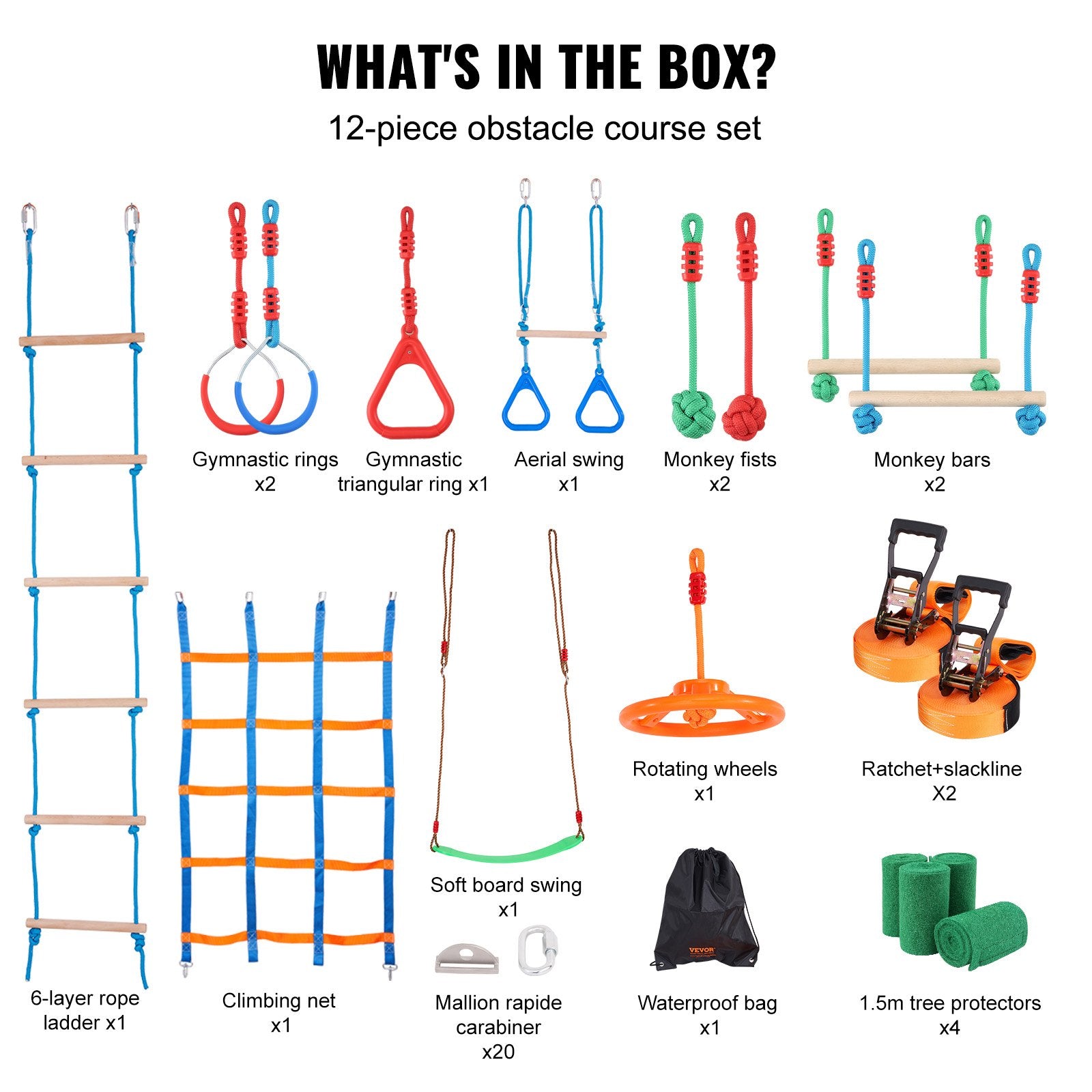 Outdoor Play Equipment: VEVOR Ninja Warrior Obstacle Course for Kids, 2 x 19.8m Weatherproof Slacklines, 500lbs Weight Capacity Monkey Line, Outdoor Playset Equipment, Backyard Toys Training Equipment Set with 12 Obstacles