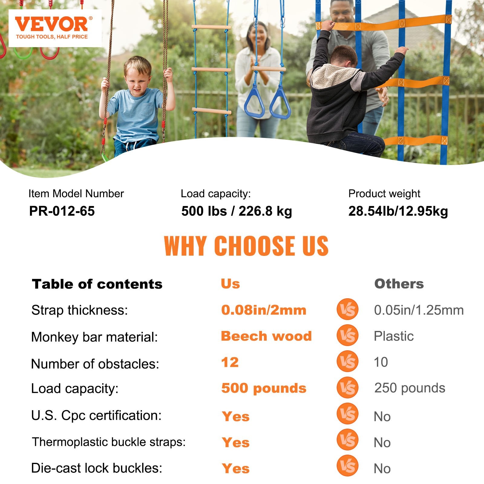 Outdoor Play Equipment: VEVOR Ninja Warrior Obstacle Course for Kids, 2 x 19.8m Weatherproof Slacklines, 500lbs Weight Capacity Monkey Line, Outdoor Playset Equipment, Backyard Toys Training Equipment Set with 12 Obstacles