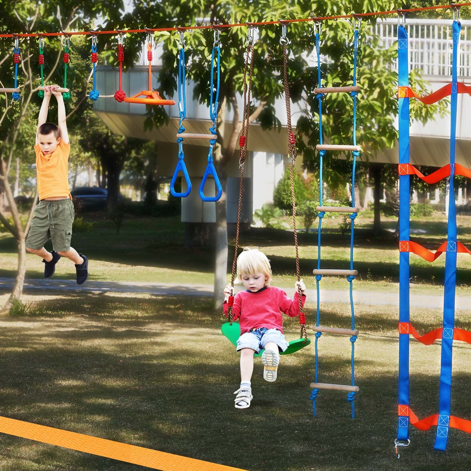 Outdoor Play Equipment: VEVOR Ninja Warrior Obstacle Course for Kids, 2 x 19.8m Weatherproof Slacklines, 500lbs Weight Capacity Monkey Line, Outdoor Playset Equipment, Backyard Toys Training Equipment Set with 12 Obstacles