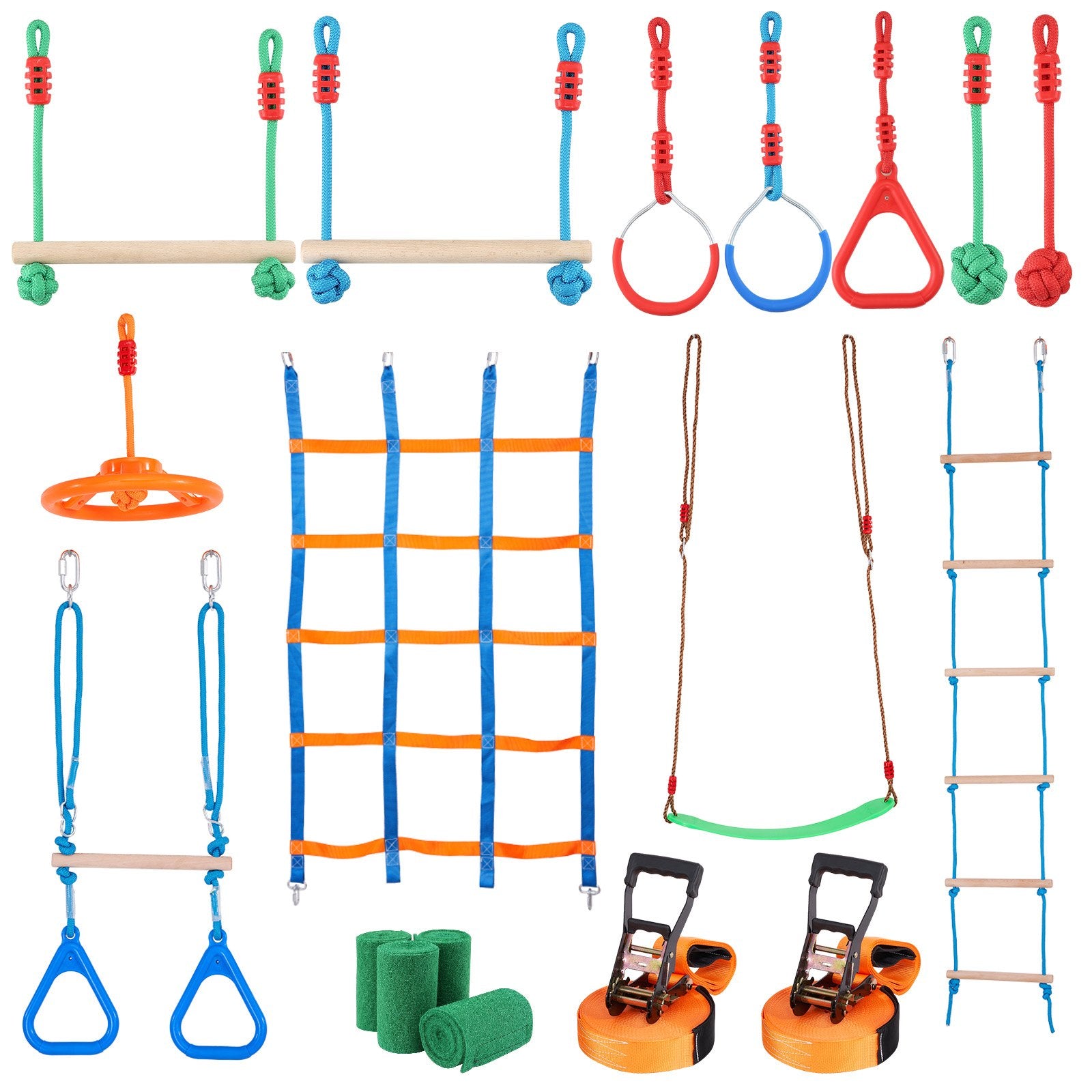 Outdoor Play Equipment: VEVOR Ninja Warrior Obstacle Course for Kids, 2 x 19.8m Weatherproof Slacklines, 500lbs Weight Capacity Monkey Line, Outdoor Playset Equipment, Backyard Toys Training Equipment Set with 12 Obstacles