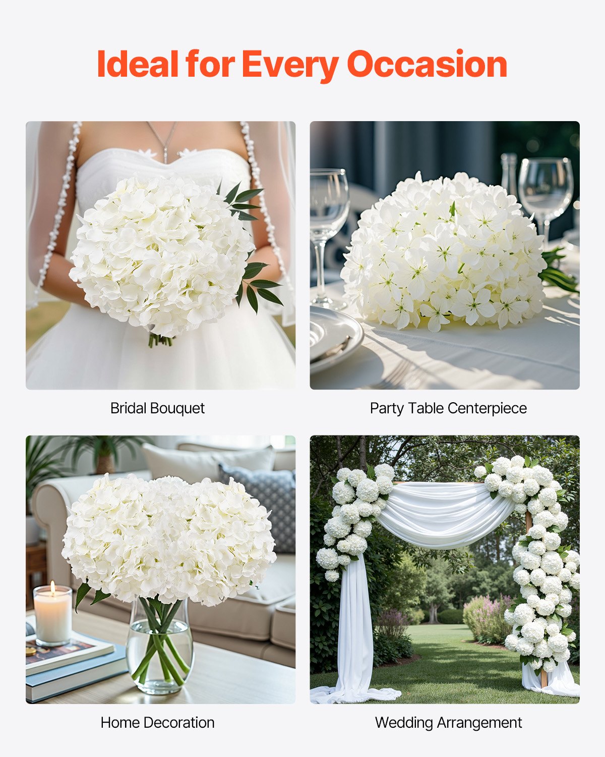 Vases & Table Decor: VEVOR Artificial Flowers, 105 pcs Real Looking White Silk Fake Hydrangea Bulk, White Faux Bridal Shower with Stems for DIY Wedding Bouquets, Home Centerpieces Arrangements, Party Tables Decorations
