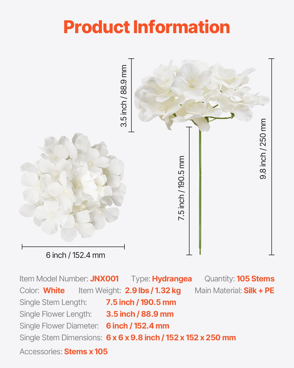 Vases & Table Decor: VEVOR Artificial Flowers, 105 pcs Real Looking White Silk Fake Hydrangea Bulk, White Faux Bridal Shower with Stems for DIY Wedding Bouquets, Home Centerpieces Arrangements, Party Tables Decorations