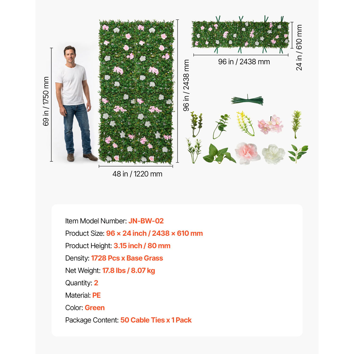 Artificial Luxury‌ Flower Wall Backdrop, 2 PCS, Each Panel 61 x 243.8 cm, Gorgeous 3D Silk Floral Backdrop Pet Friendly, Easy Installation Flower Wall Panel for Wedding, Event, Party, Home Decor