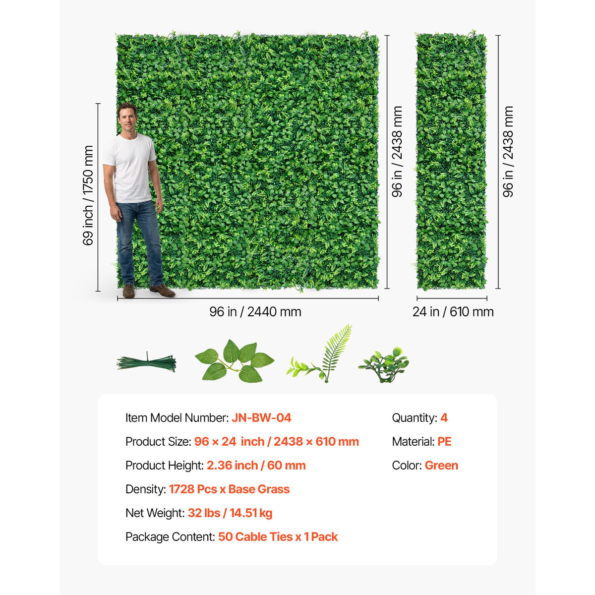 Artificial Plant Wall, 4 PCS 61 x 243.8 cm Artificial Boxwood Panels, Sun Protection Greenery Backdrop Privacy Hedge Fence, Fake Grass Screen for Wedding, Indoor, Outdoor Garden, Backyard