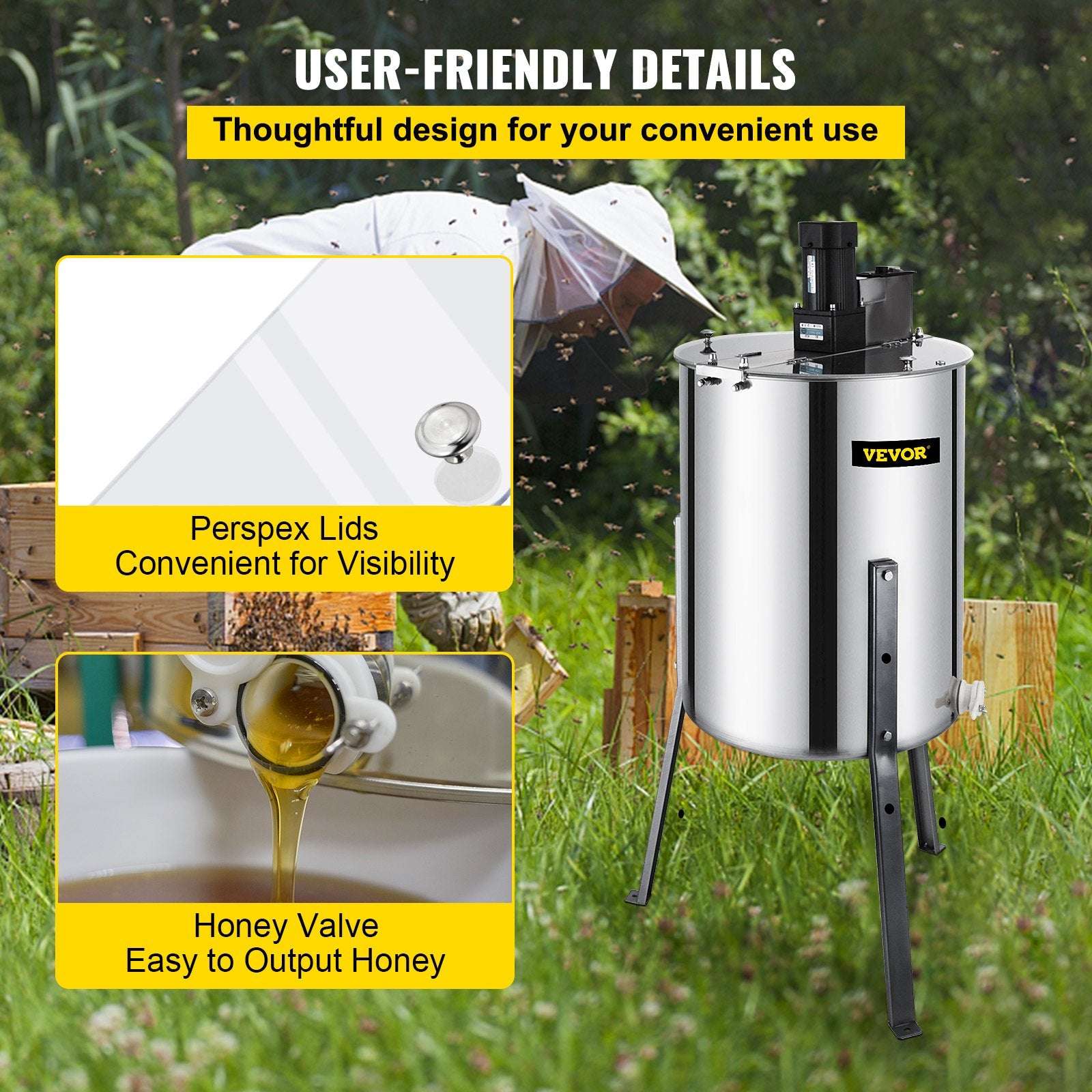 Farm Equipment: VEVOR 4 Frame Electric Honey Extractor Beekeeping 120 W Motor 2 Clear Lids