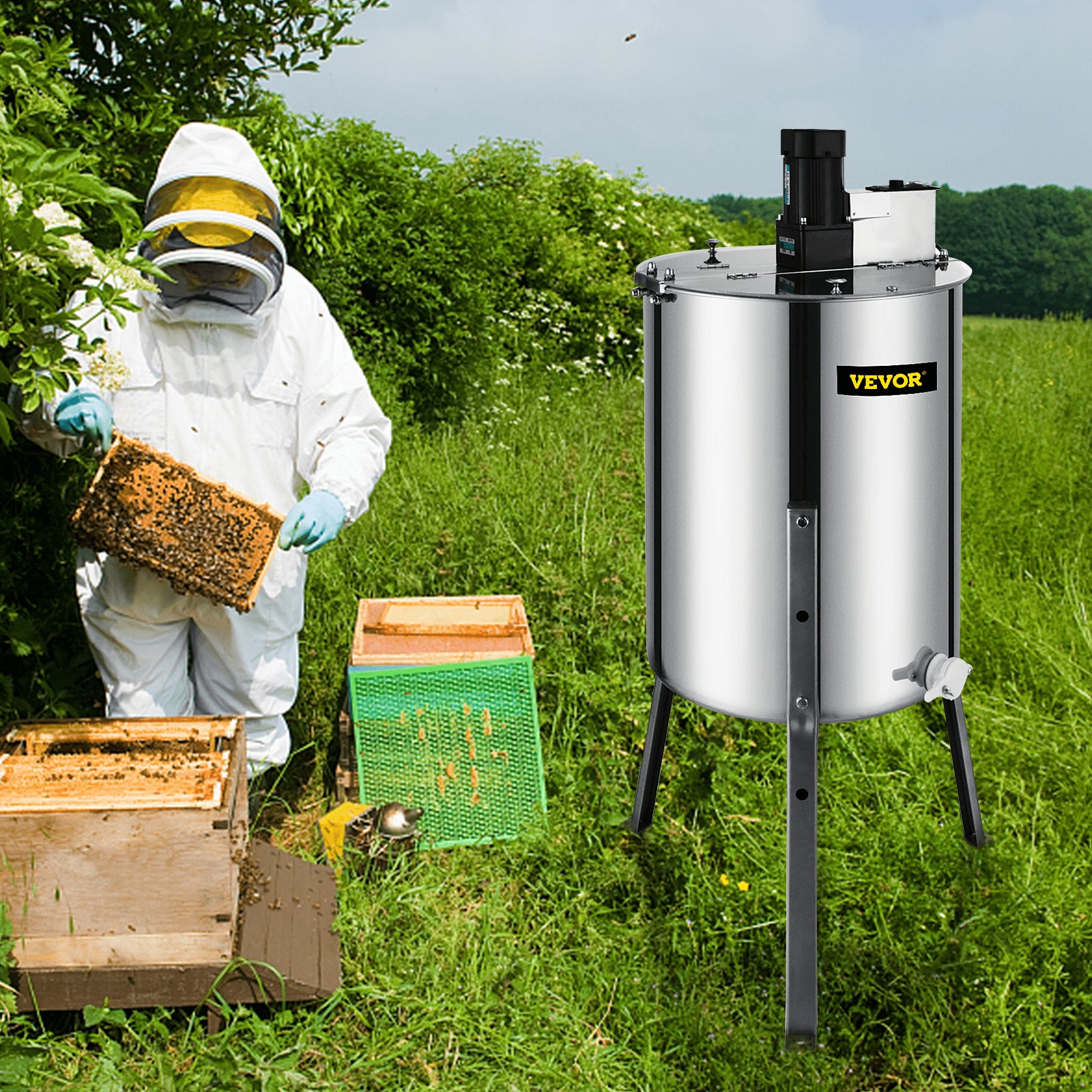 Farm Equipment: VEVOR 4 Frame Electric Honey Extractor Beekeeping 120 W Motor 2 Clear Lids