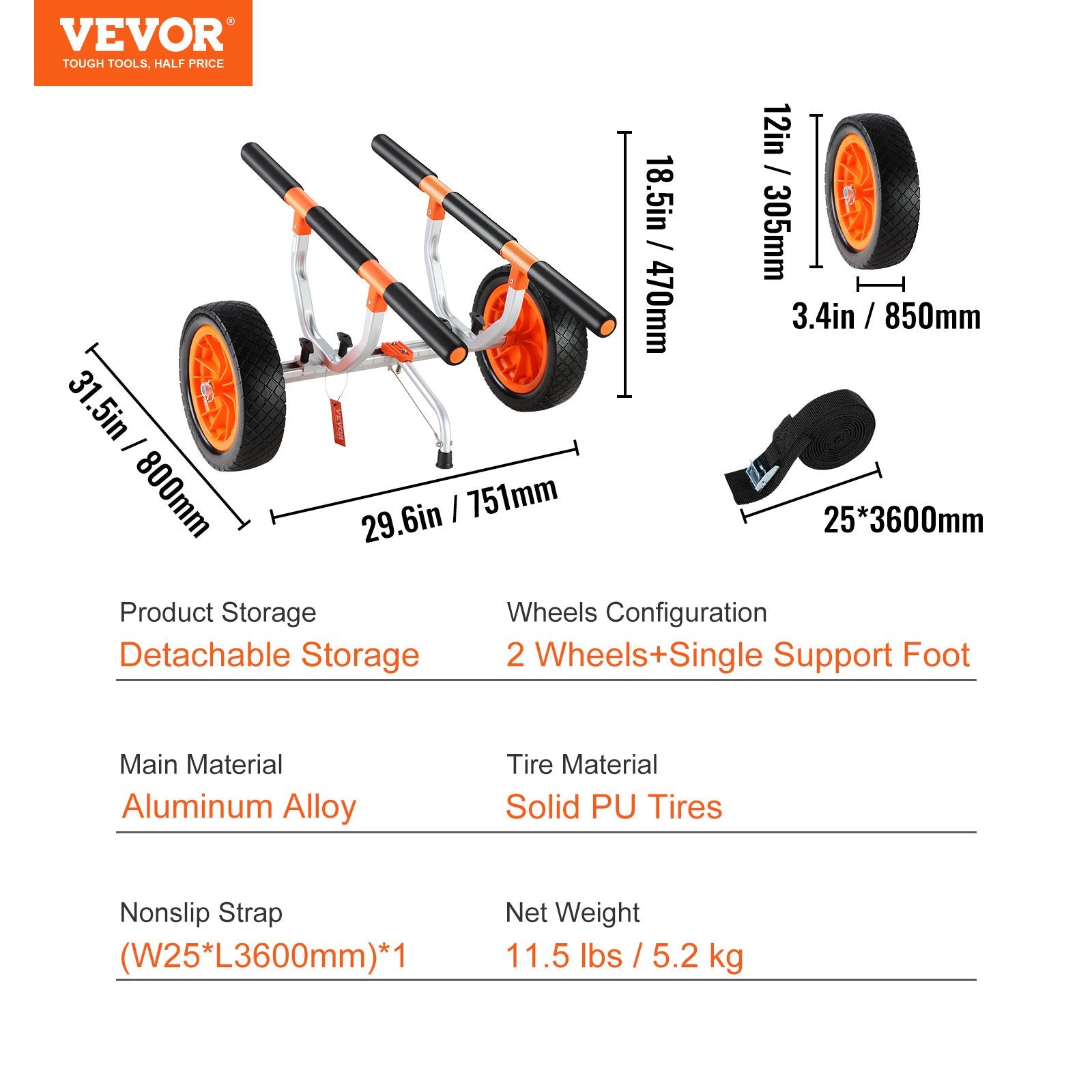 Boating Accessories: VEVOR Adjustable Kayak Cart Canoe Boat Carrier 450lbs Load with 12'' Solid Tires