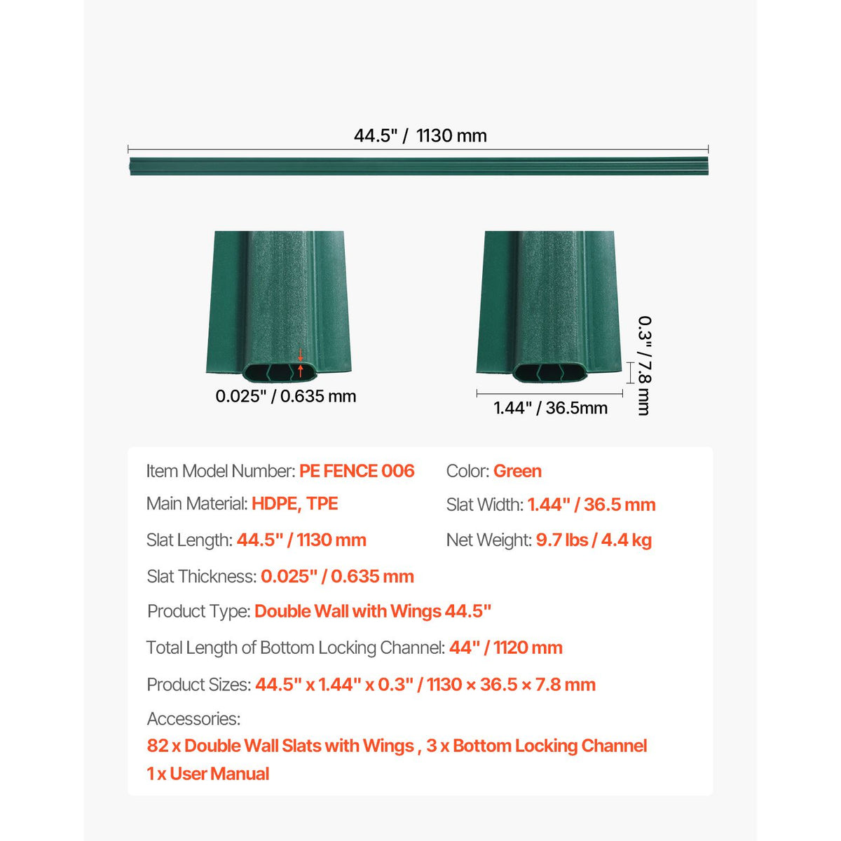 Bottom Locking Privacy Slats, Double-Wall Vertical Bottom-Locking Slats with Wings for Chain-Link Fence, High-Density HDPE Chain Link Slats Ideally Fit 1.2 m High Fence for Garden Farm(Green)