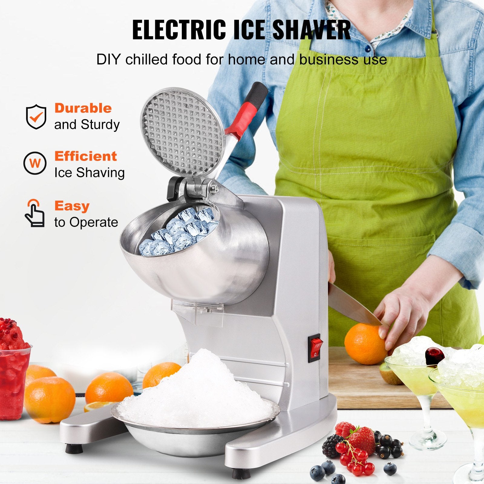 Seasonings & Spices: VEVOR Ice Crushers Machine, 220lbs Per Hour Electric Snow Cone Maker with 4 Blades, 300W Electric Ice Crusher with Cover and Bowl for Home and Commercial Use, Silver