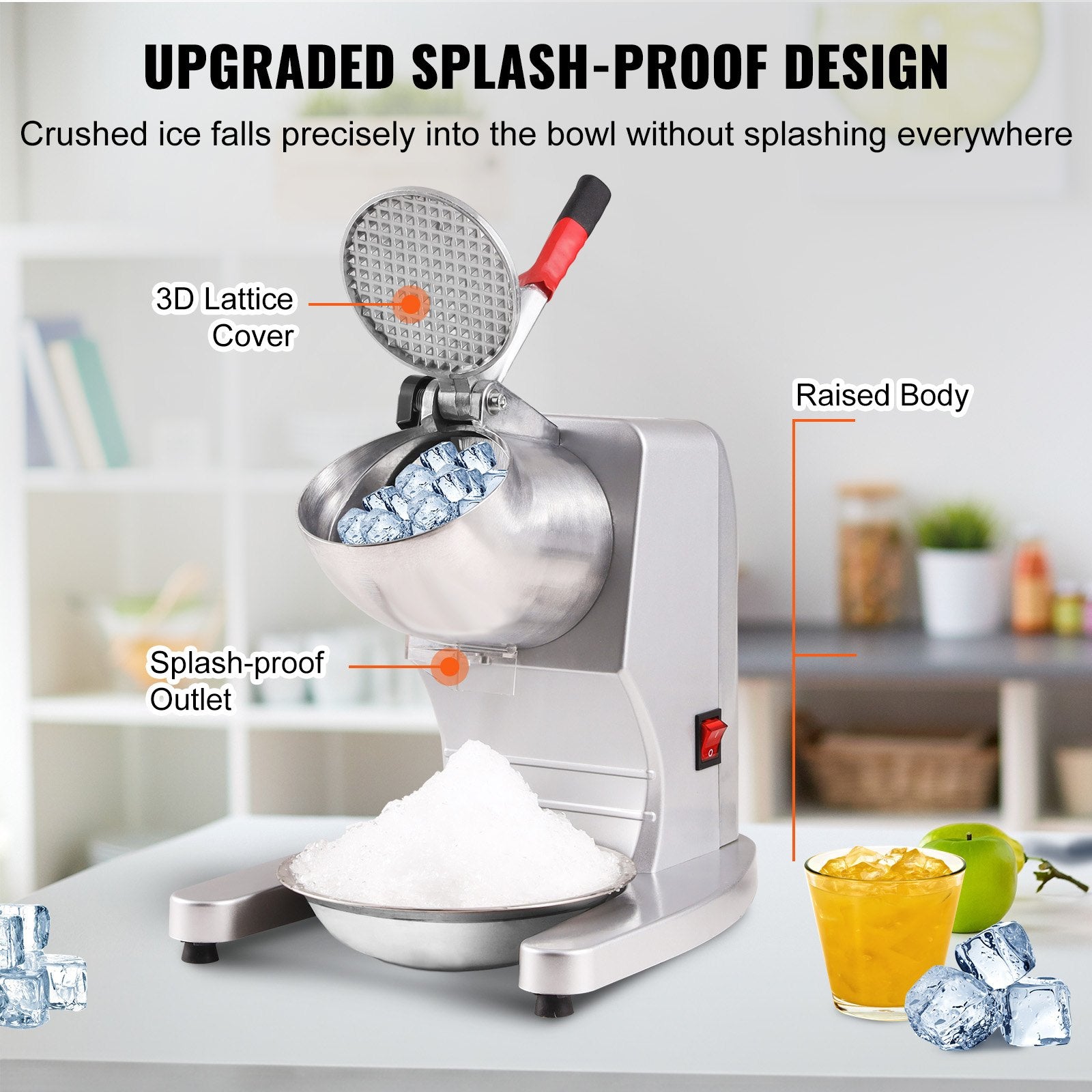 Seasonings & Spices: VEVOR Ice Crushers Machine, 220lbs Per Hour Electric Snow Cone Maker with 4 Blades, 300W Electric Ice Crusher with Cover and Bowl for Home and Commercial Use, Silver