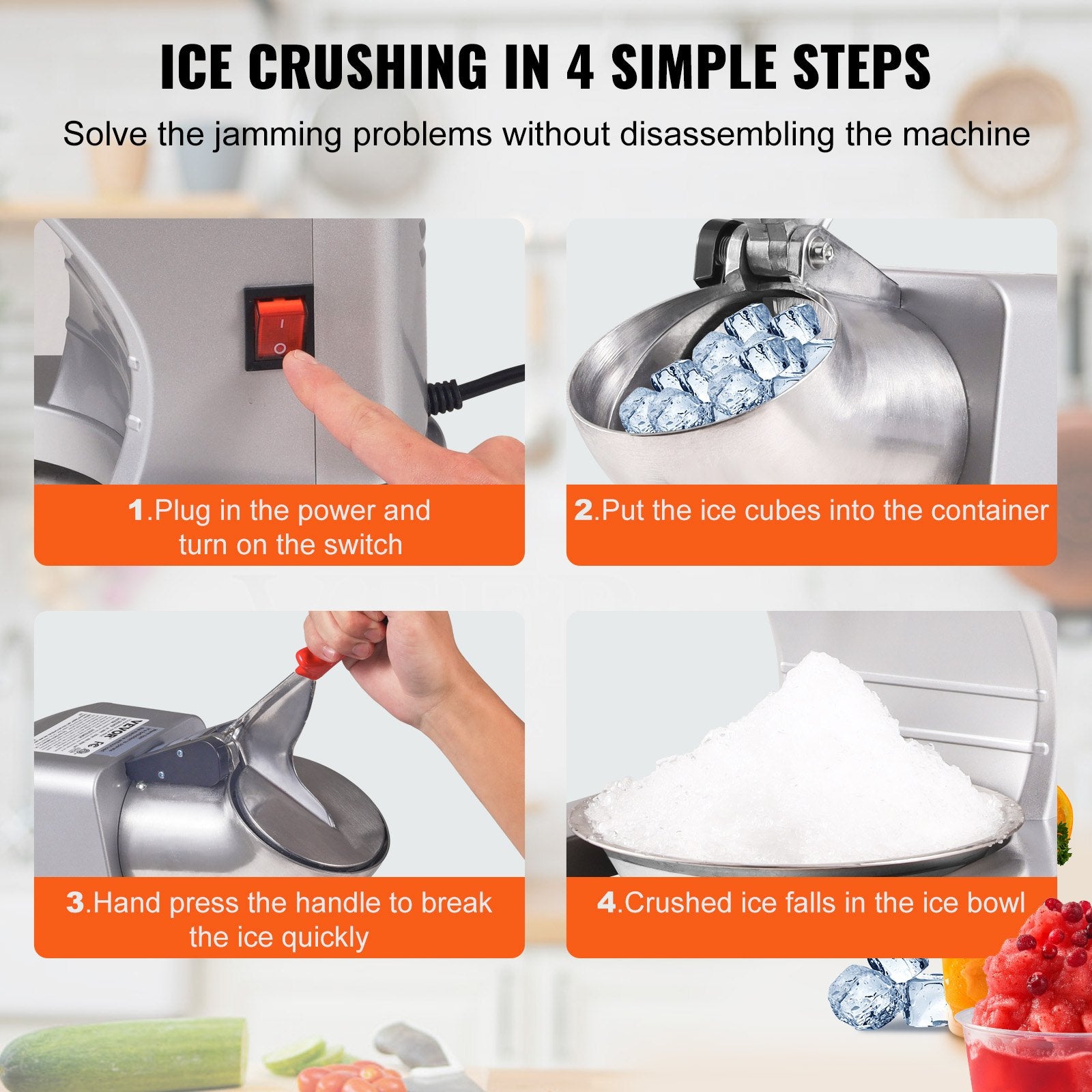 Seasonings & Spices: VEVOR Ice Crushers Machine, 220lbs Per Hour Electric Snow Cone Maker with 4 Blades, 300W Electric Ice Crusher with Cover and Bowl for Home and Commercial Use, Silver