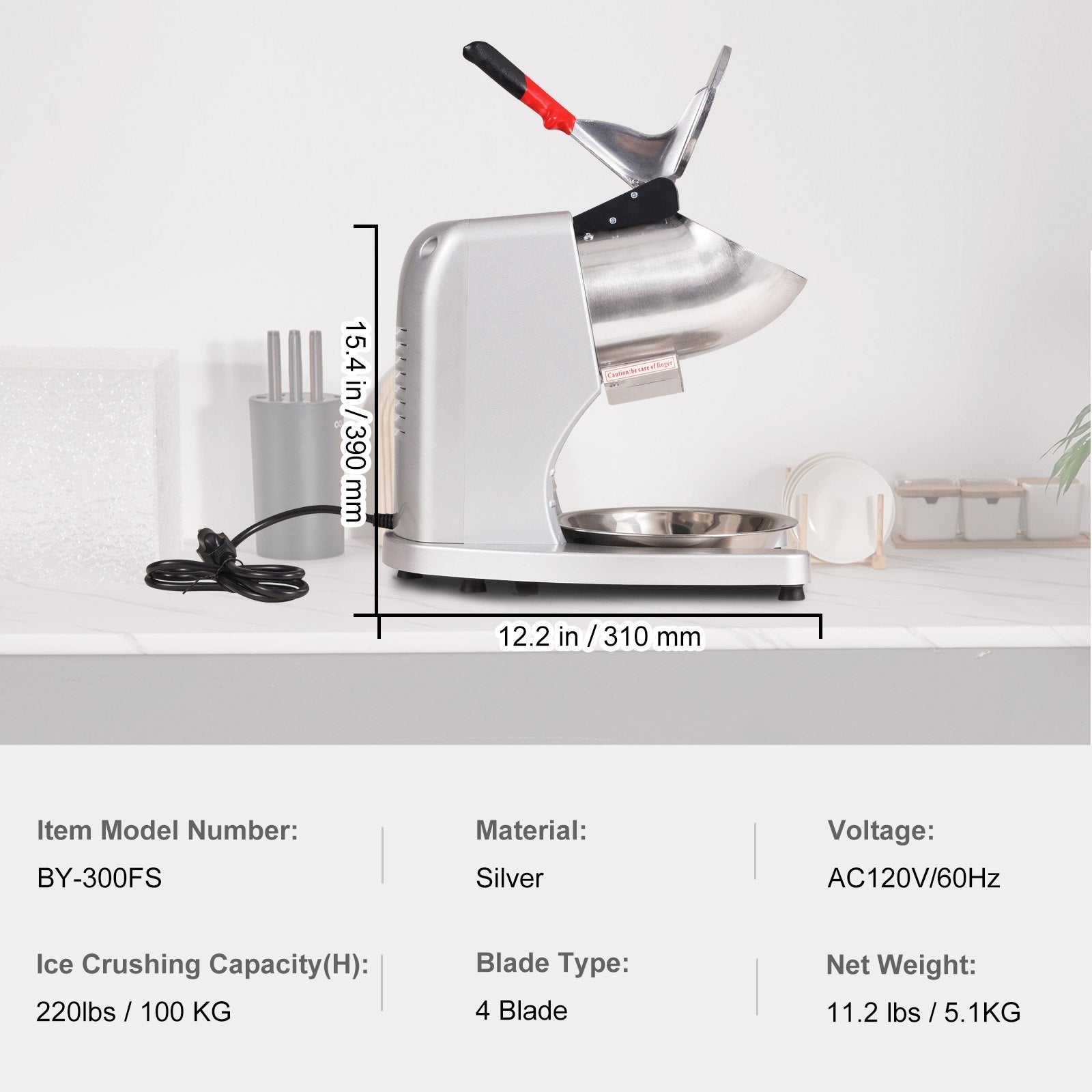 Seasonings & Spices: VEVOR Ice Crushers Machine, 220lbs Per Hour Electric Snow Cone Maker with 4 Blades, 300W Electric Ice Crusher with Cover and Bowl for Home and Commercial Use, Silver