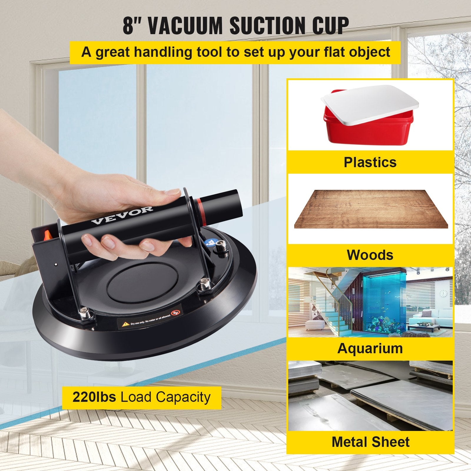Audio Accessories: VEVOR Glass Suction Cup, 8'' Vacuum Suction Cup, 220lbs Load Capacity Vacuum Glass Lifter with Plastic Handle, Heavy-Duty Hand-Held Glass Lifter For Granite & Glass Lifting, With a free case