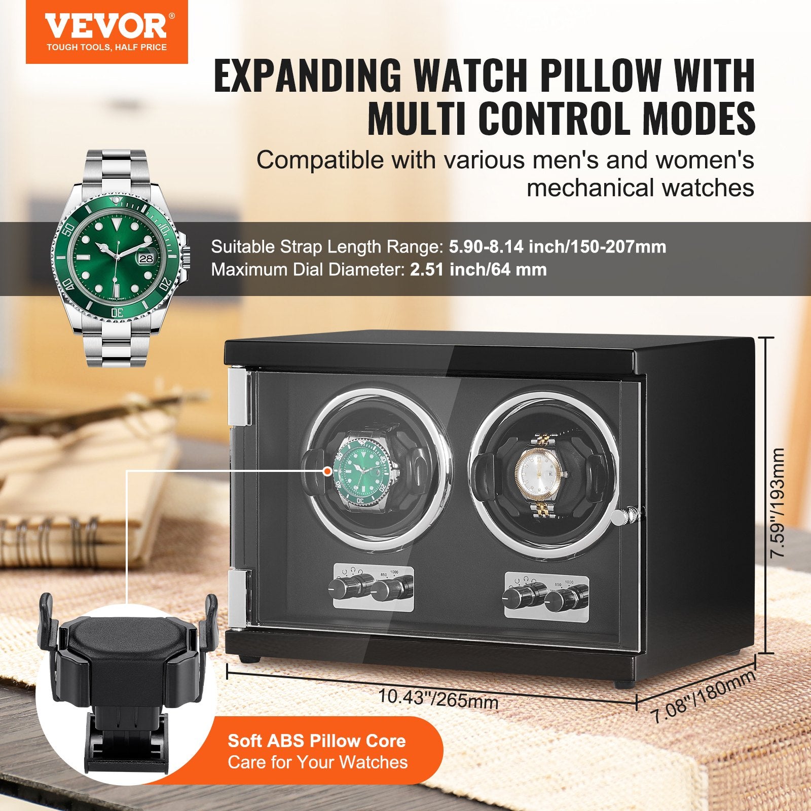 Gardening Tools: VEVOR Watch Winder, Dual Watch Winder for Men's and Women's Automatic Watch, with 2 Super Quiet Japanese Mabuchi Motors, Blue LED Light and Adapter, High-Density Board Shell and Black PU