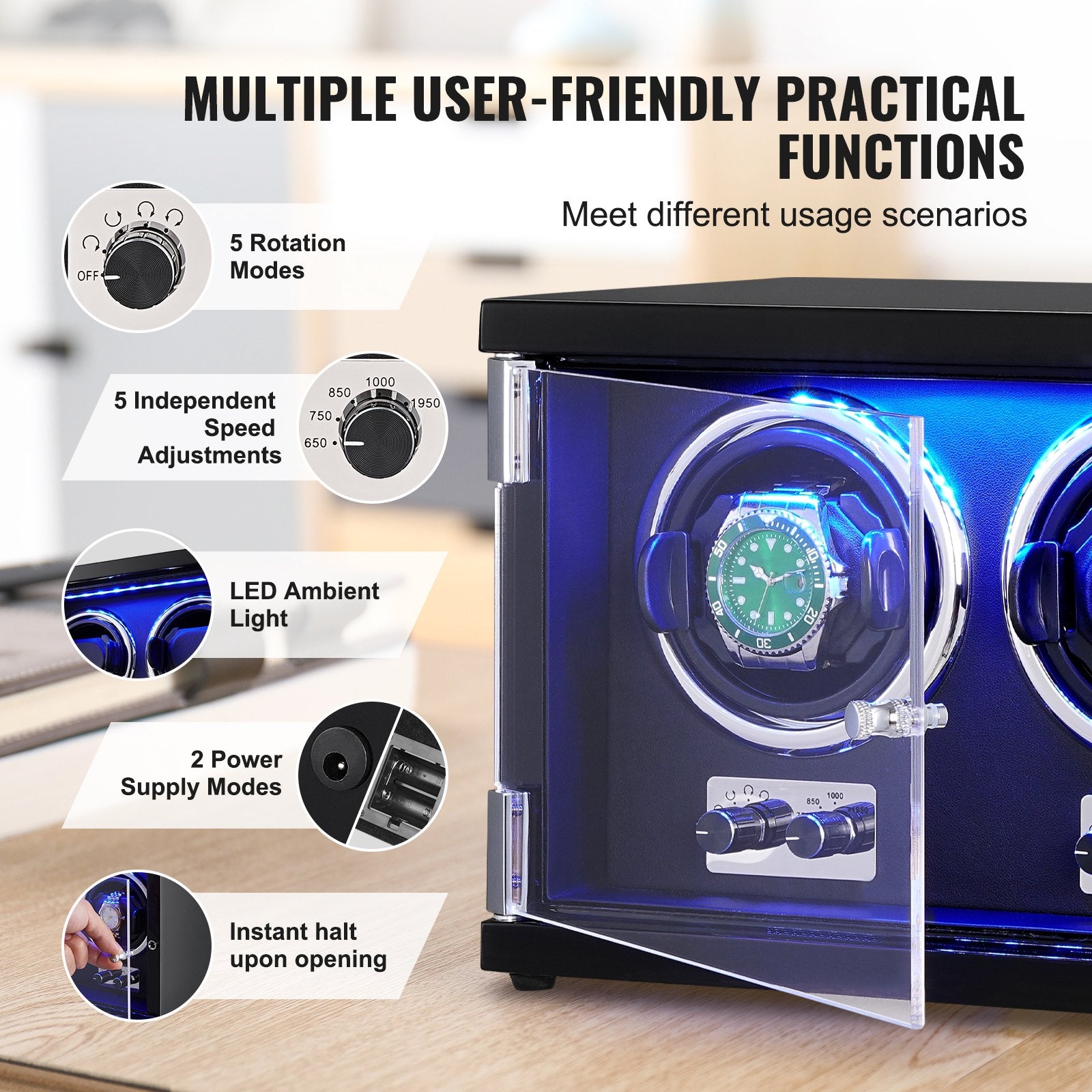 Gardening Tools: VEVOR Watch Winder, Dual Watch Winder for Men's and Women's Automatic Watch, with 2 Super Quiet Japanese Mabuchi Motors, Blue LED Light and Adapter, High-Density Board Shell and Black PU