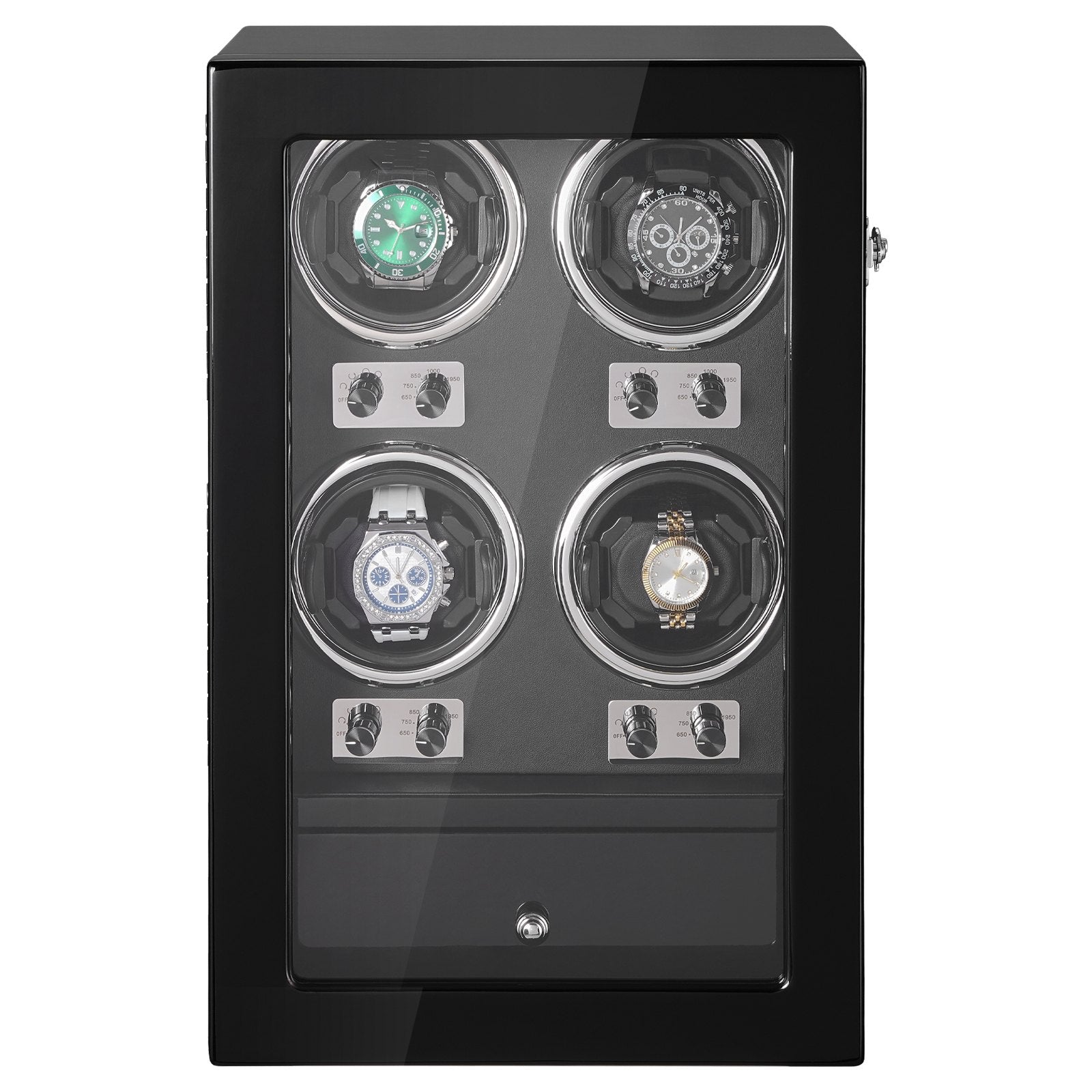 Watch Winder, Watch Winder for 4 Men's and Women's Automatic Watches, with 4 Super Quiet Japanese Mabuchi Motors, Blue LED Light and Adapter, High-Density Board Shell and Black PU