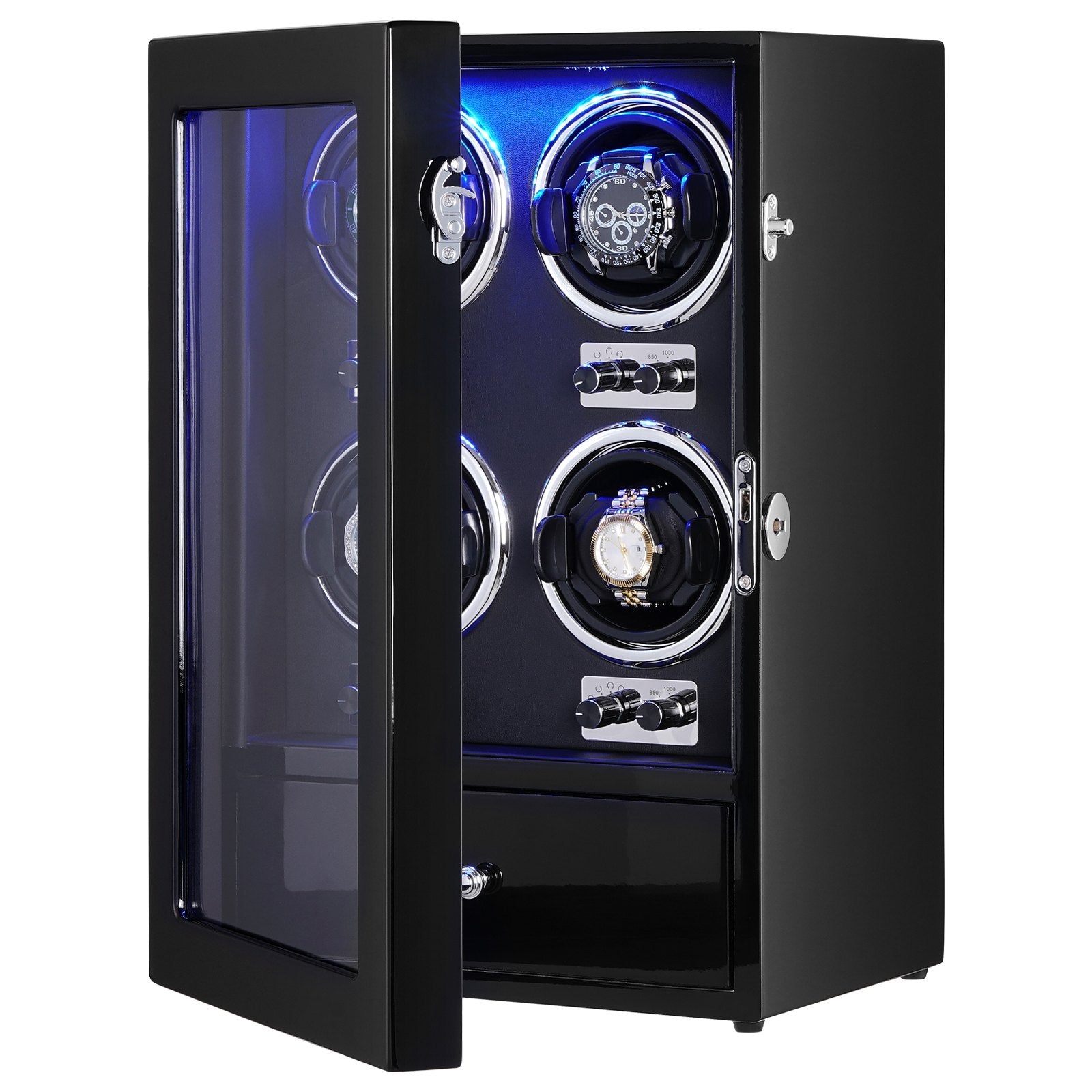 Watch Winder, Watch Winder for 4 Men's and Women's Automatic Watches, with 4 Super Quiet Japanese Mabuchi Motors, Blue LED Light and Adapter, High-Density Board Shell and Black PU