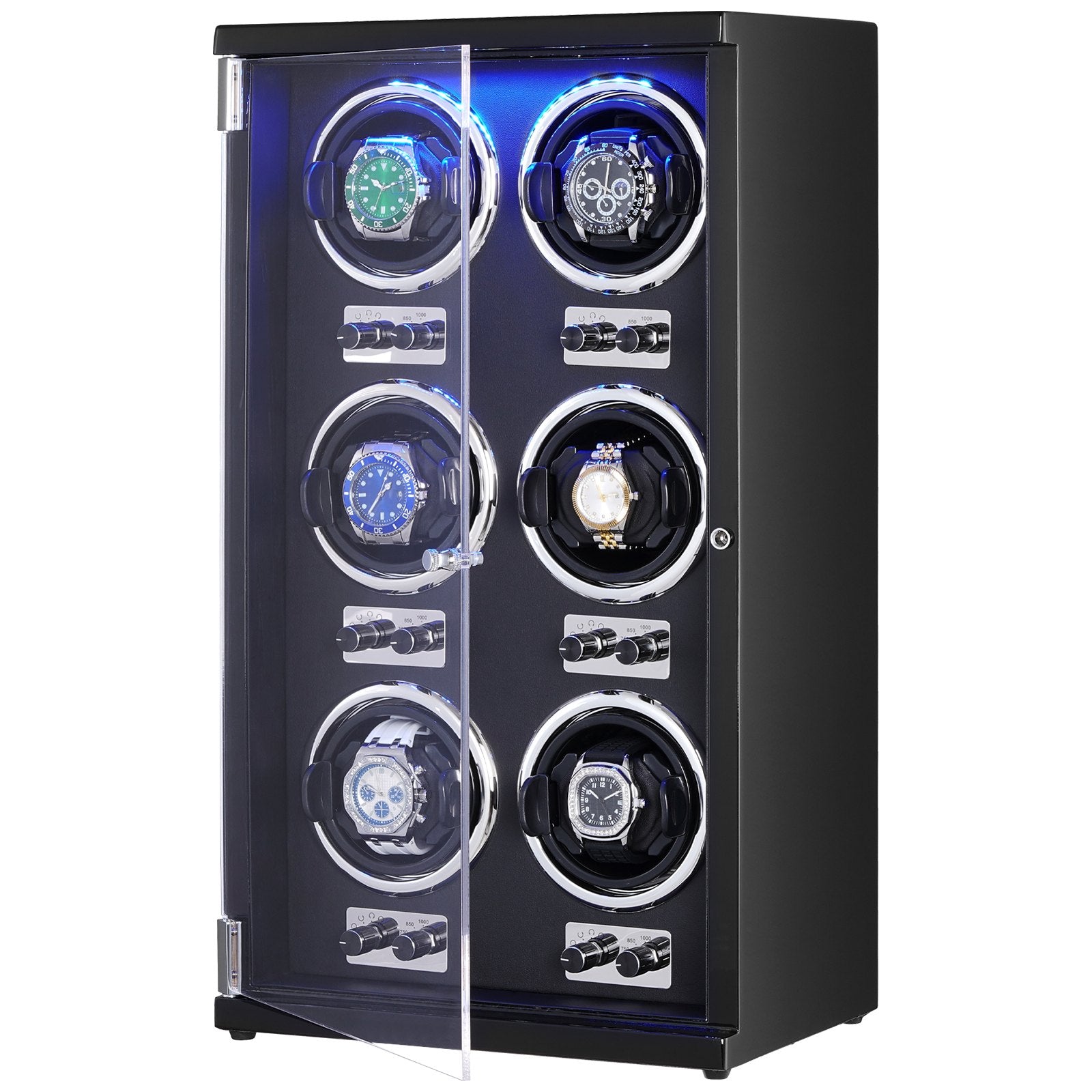 Watch Winder, Watch Winder for 6 Men's and Women's Automatic Watches, with 6 Super Quiet Japanese Mabuchi Motors, Blue LED Light and Adapter, High-Density Board Shell and Black PU