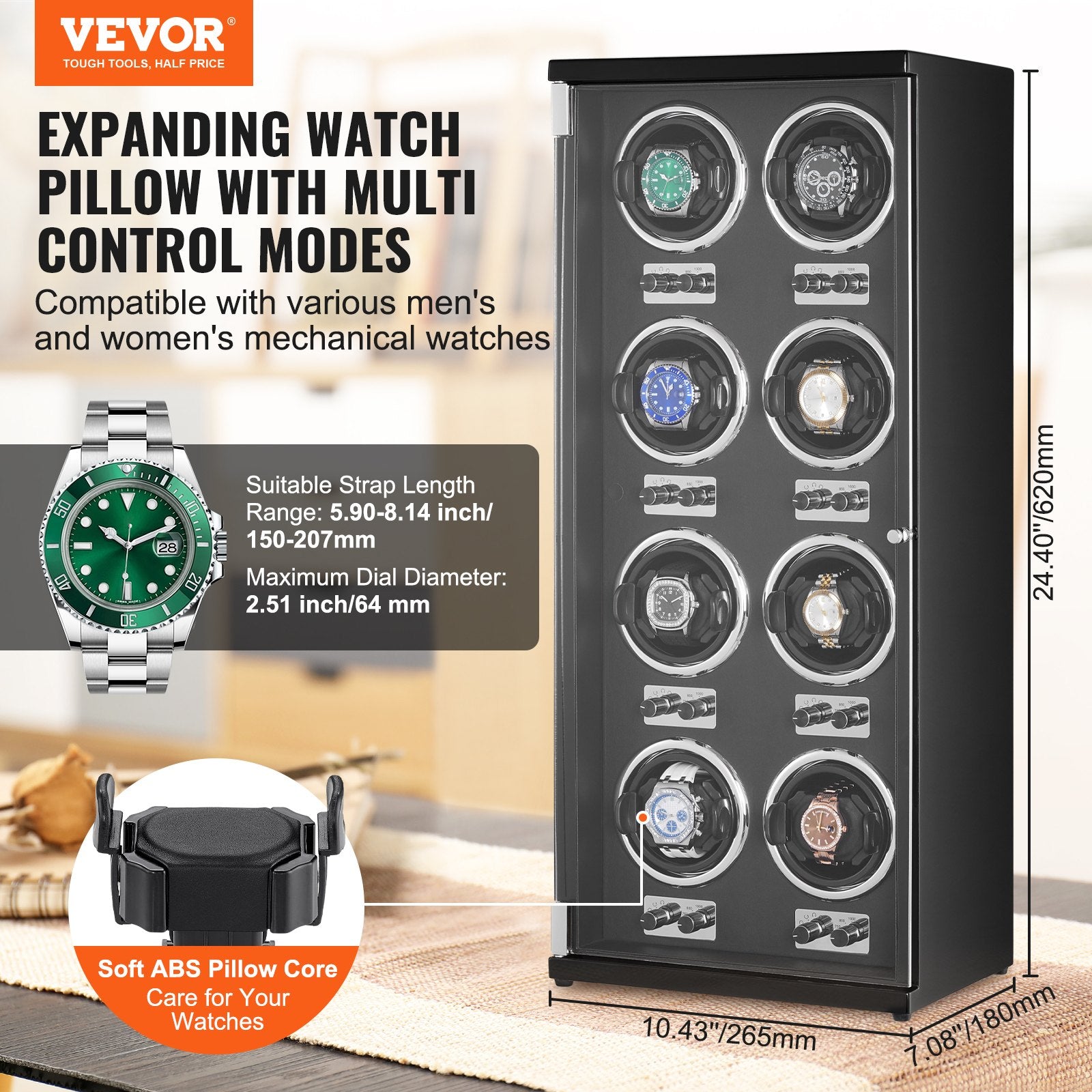 Watch Winder, Watch Winder for 8 Men's and Women's Automatic Watches, with 8 Super Quiet Japanese Mabuchi Motors, Blue LED Light and Adapter, High-Density Board Shell and Black PU