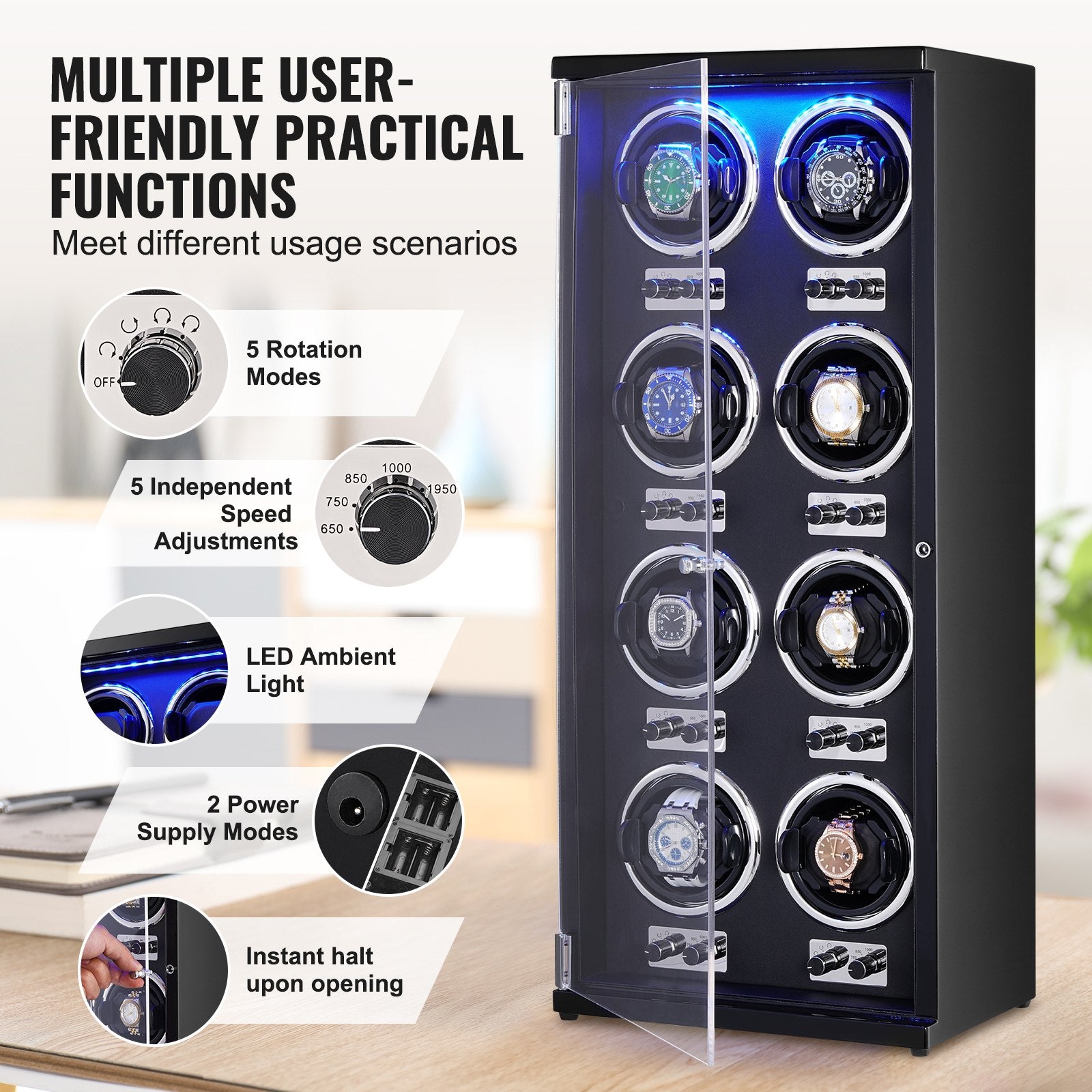Watch Winder, Watch Winder for 8 Men's and Women's Automatic Watches, with 8 Super Quiet Japanese Mabuchi Motors, Blue LED Light and Adapter, High-Density Board Shell and Black PU