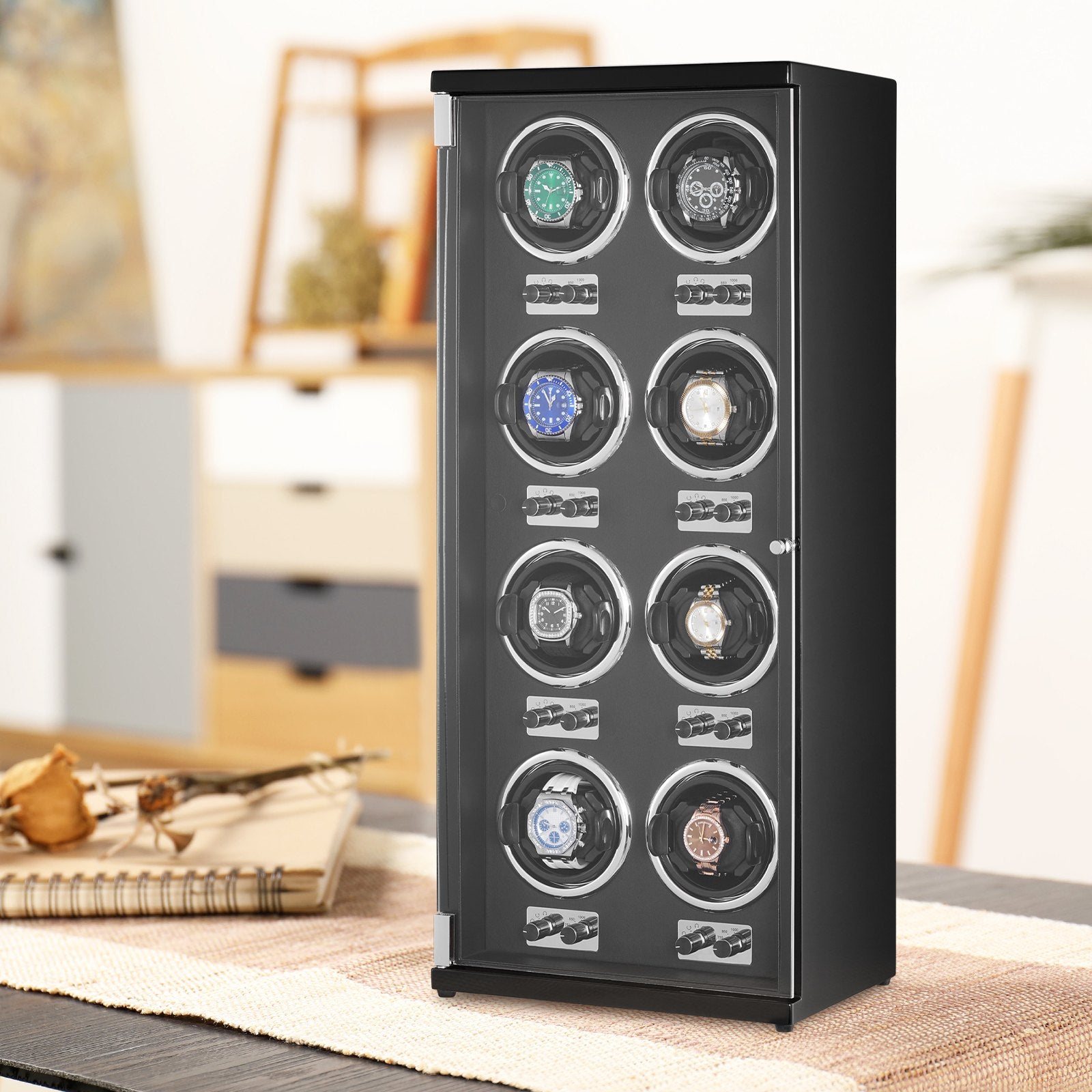 Watch Winder, Watch Winder for 8 Men's and Women's Automatic Watches, with 8 Super Quiet Japanese Mabuchi Motors, Blue LED Light and Adapter, High-Density Board Shell and Black PU
