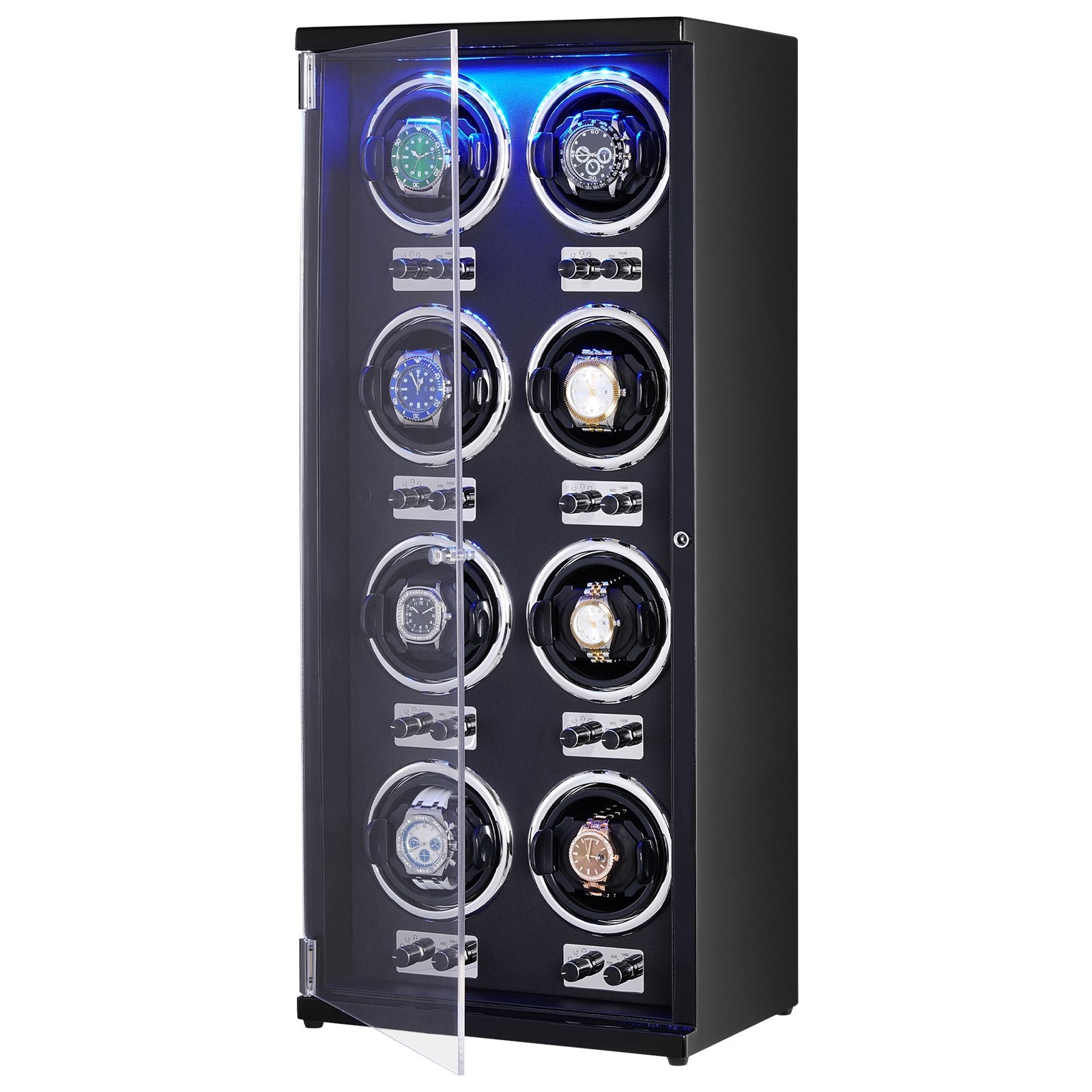 Watch Winder, Watch Winder for 8 Men's and Women's Automatic Watches, with 8 Super Quiet Japanese Mabuchi Motors, Blue LED Light and Adapter, High-Density Board Shell and Black PU