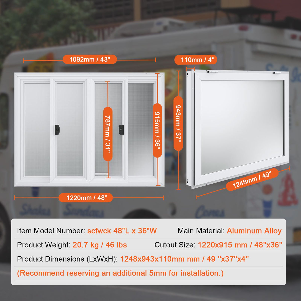 Concession Window 48"x36", Aluminum Alloy Food Truck Service Window with 4 Horizontal Sliding Windows & Awning Door & Drag Hook, Up to 85 Degrees Serving Window for Food Truck Concession Trailer