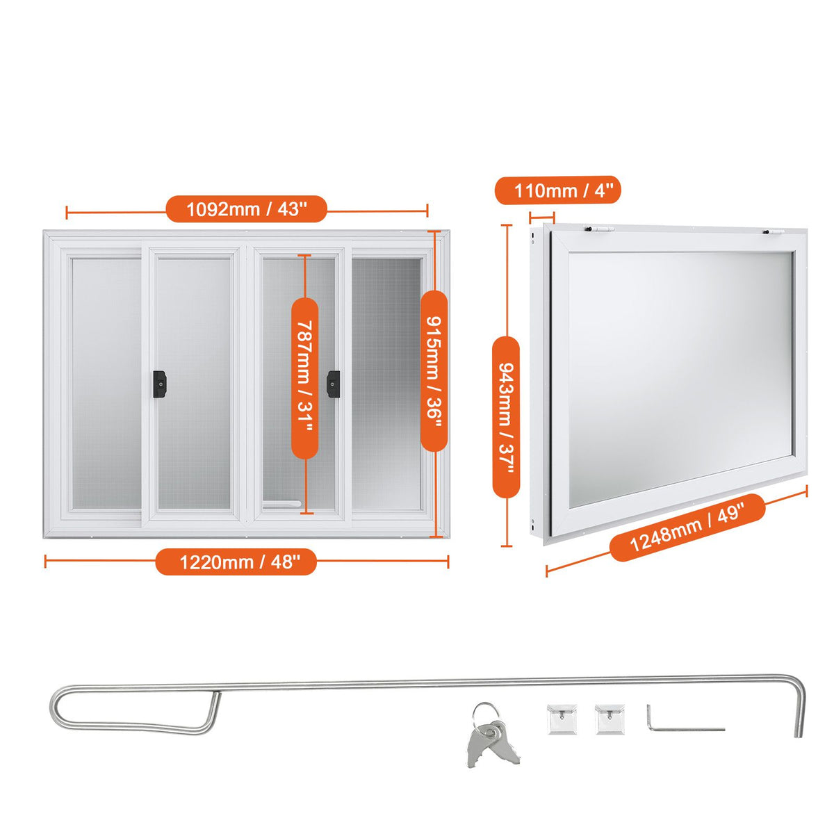 Concession Window 48"x36", Aluminum Alloy Food Truck Service Window with 4 Horizontal Sliding Windows & Awning Door & Drag Hook, Up to 85 Degrees Serving Window for Food Truck Concession Trailer