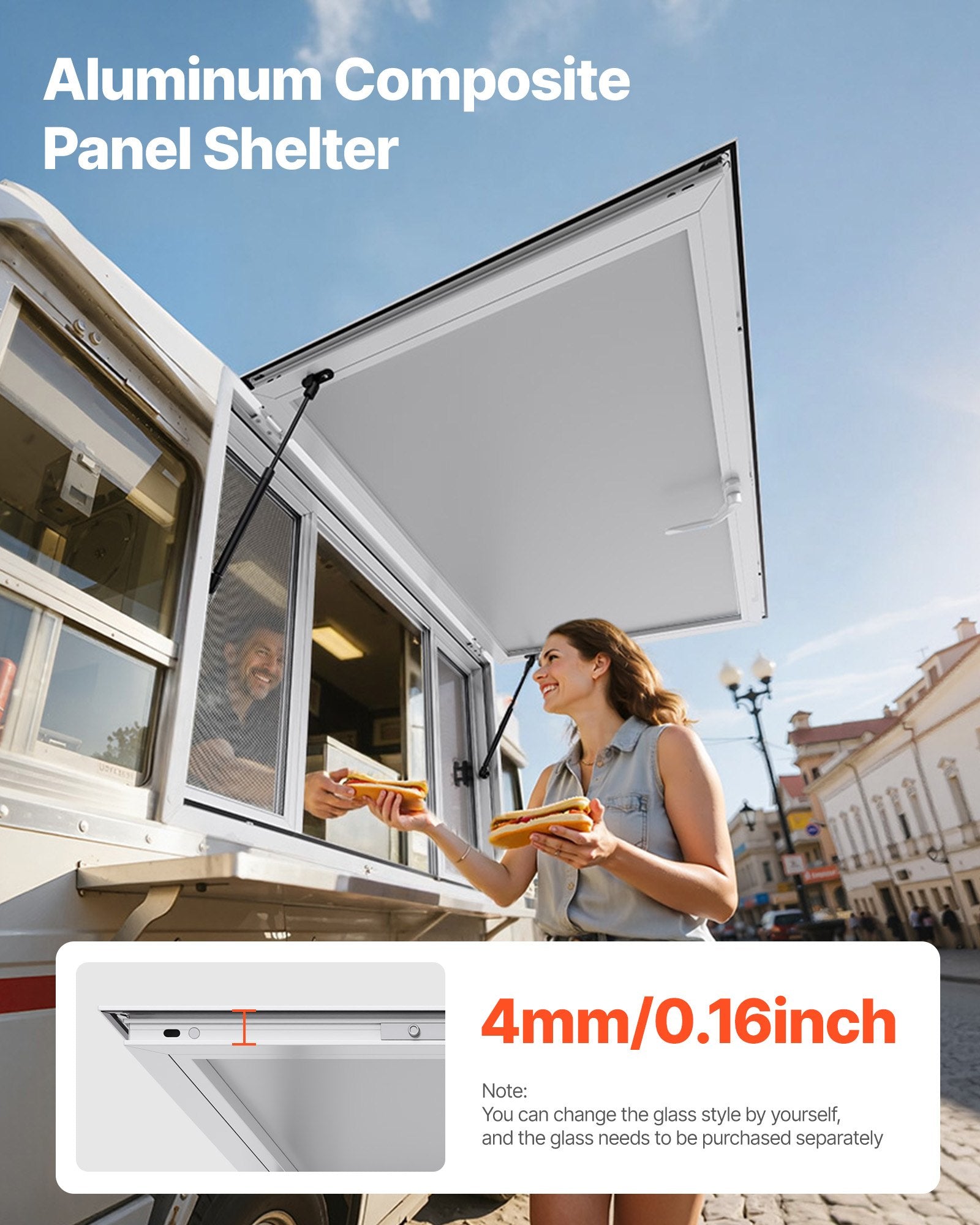 Concession Window 1346x838 mm, Aluminum Alloy Service Window for Food Truck, Up to 85 Degrees Stand Serving Window with 4 Sliding Windows, Awning Door, and Drag Hook, for Concession Trailers