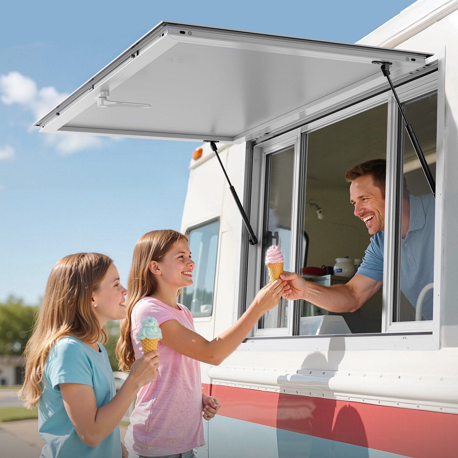 Concession Window 1346x838 mm, Aluminum Alloy Service Window for Food Truck, Up to 85 Degrees Stand Serving Window with 4 Sliding Windows, Awning Door, and Drag Hook, for Concession Trailers
