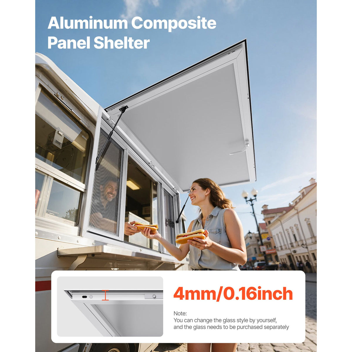 Concession Window 1524x915 mm, Aluminum Alloy Service Window for Food Truck, Up to 85 Degrees Stand Serving Window with 4 Sliding Windows, Awning Door, and Drag Hook, for Concession Trailers