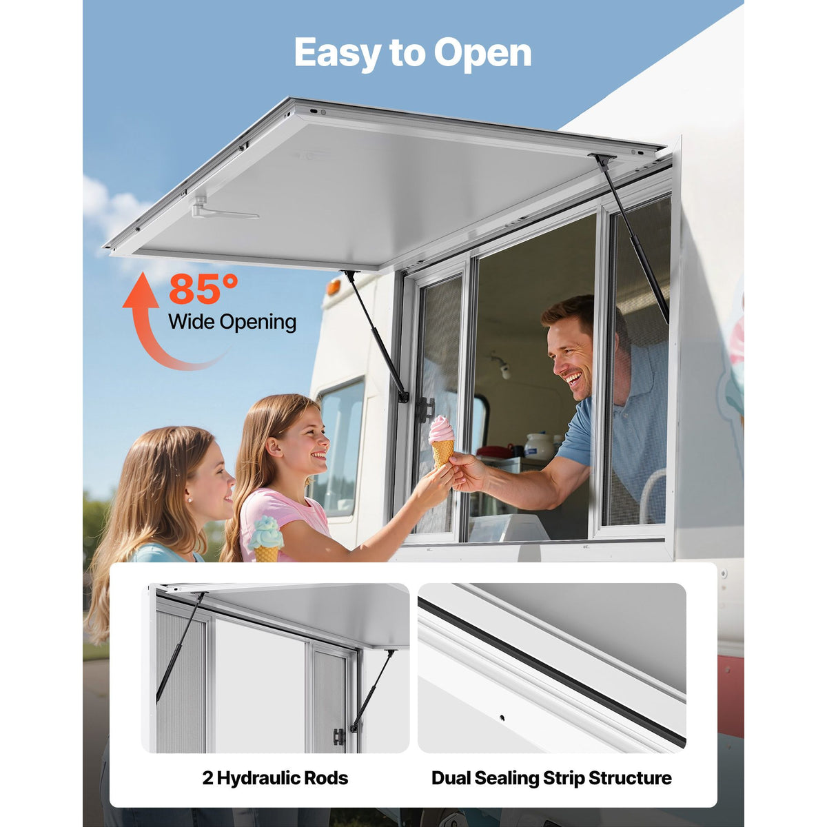 Concession Window 1524x915 mm, Aluminum Alloy Service Window for Food Truck, Up to 85 Degrees Stand Serving Window with 4 Sliding Windows, Awning Door, and Drag Hook, for Concession Trailers