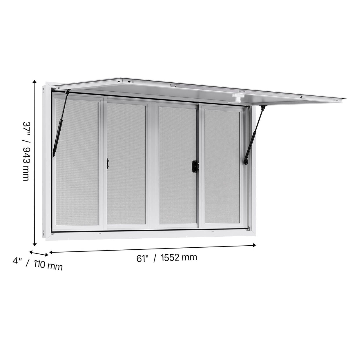 Concession Window 1524x915 mm, Aluminum Alloy Service Window for Food Truck, Up to 85 Degrees Stand Serving Window with 4 Sliding Windows, Awning Door, and Drag Hook, for Concession Trailers