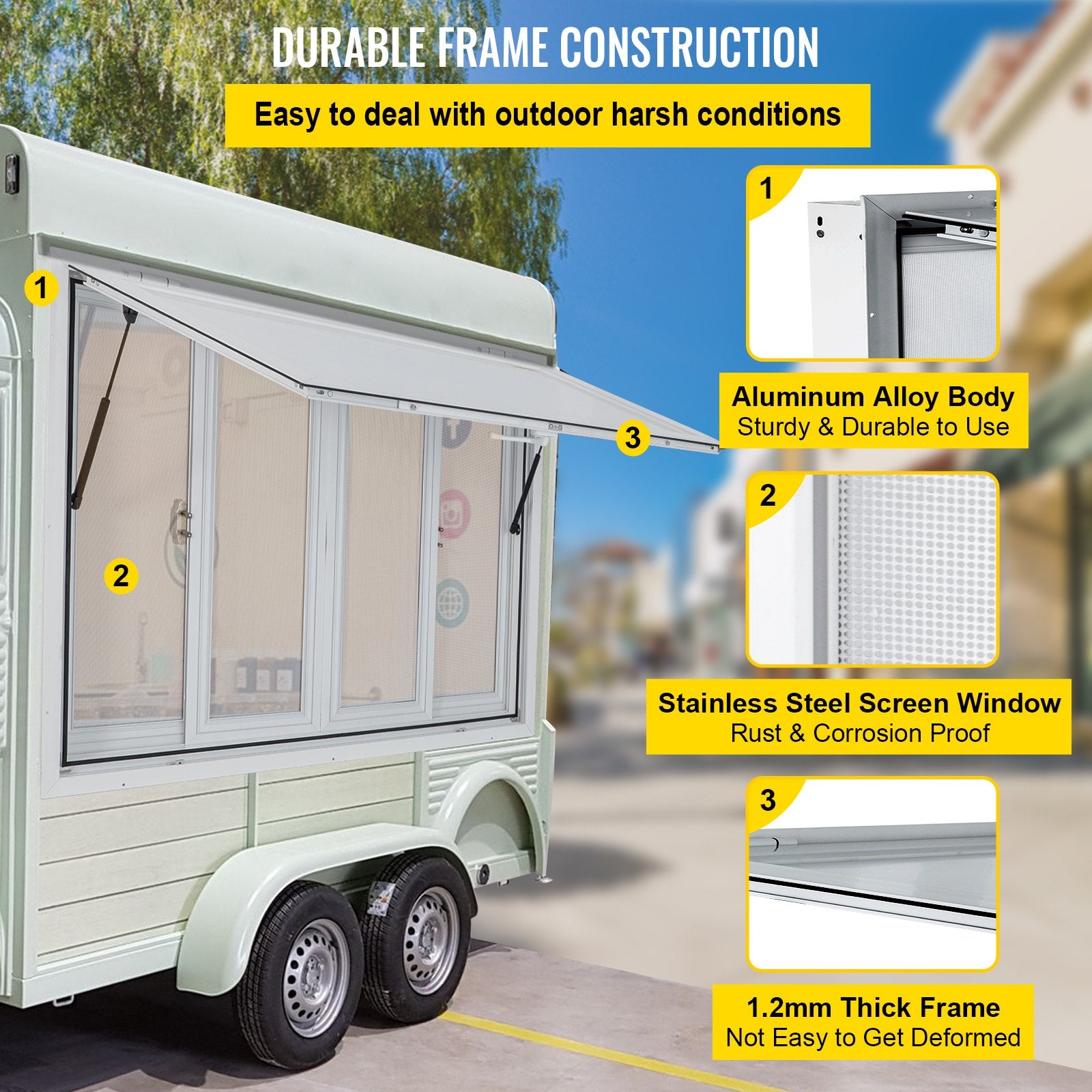 Canopies & Gazebos: VEVOR Concession Window, 91.4 x 91.4 cm Aluminum Alloy Food Truck Service Window with 4 Horizontal Sliding Screen Windows & Awning Door & Drag Hook, Serving Window for Food Trucks Concession Trailers