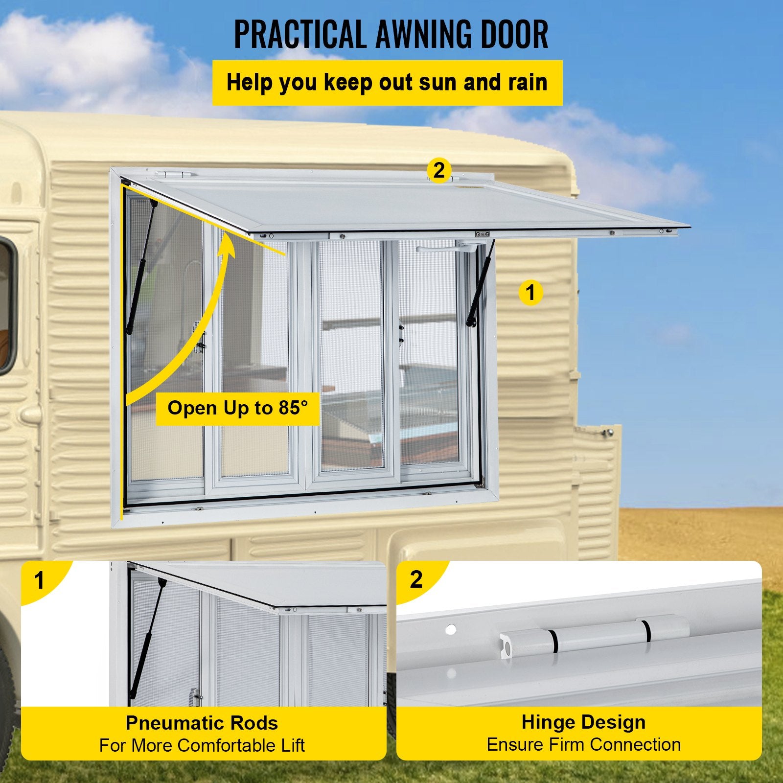 Canopies & Gazebos: VEVOR Concession Window, 91.4 x 91.4 cm Aluminum Alloy Food Truck Service Window with 4 Horizontal Sliding Screen Windows & Awning Door & Drag Hook, Serving Window for Food Trucks Concession Trailers