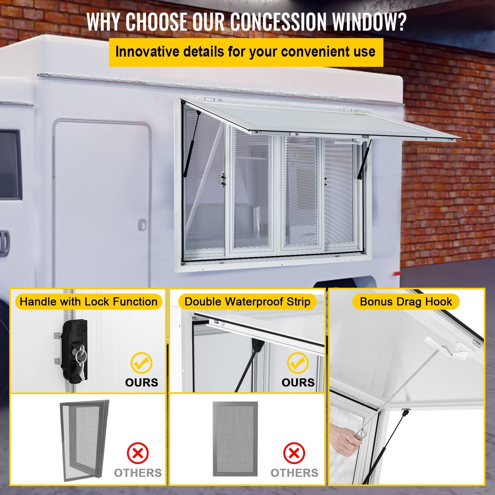 Canopies & Gazebos: VEVOR Concession Window, 91.4 x 91.4 cm Aluminum Alloy Food Truck Service Window with 4 Horizontal Sliding Screen Windows & Awning Door & Drag Hook, Serving Window for Food Trucks Concession Trailers