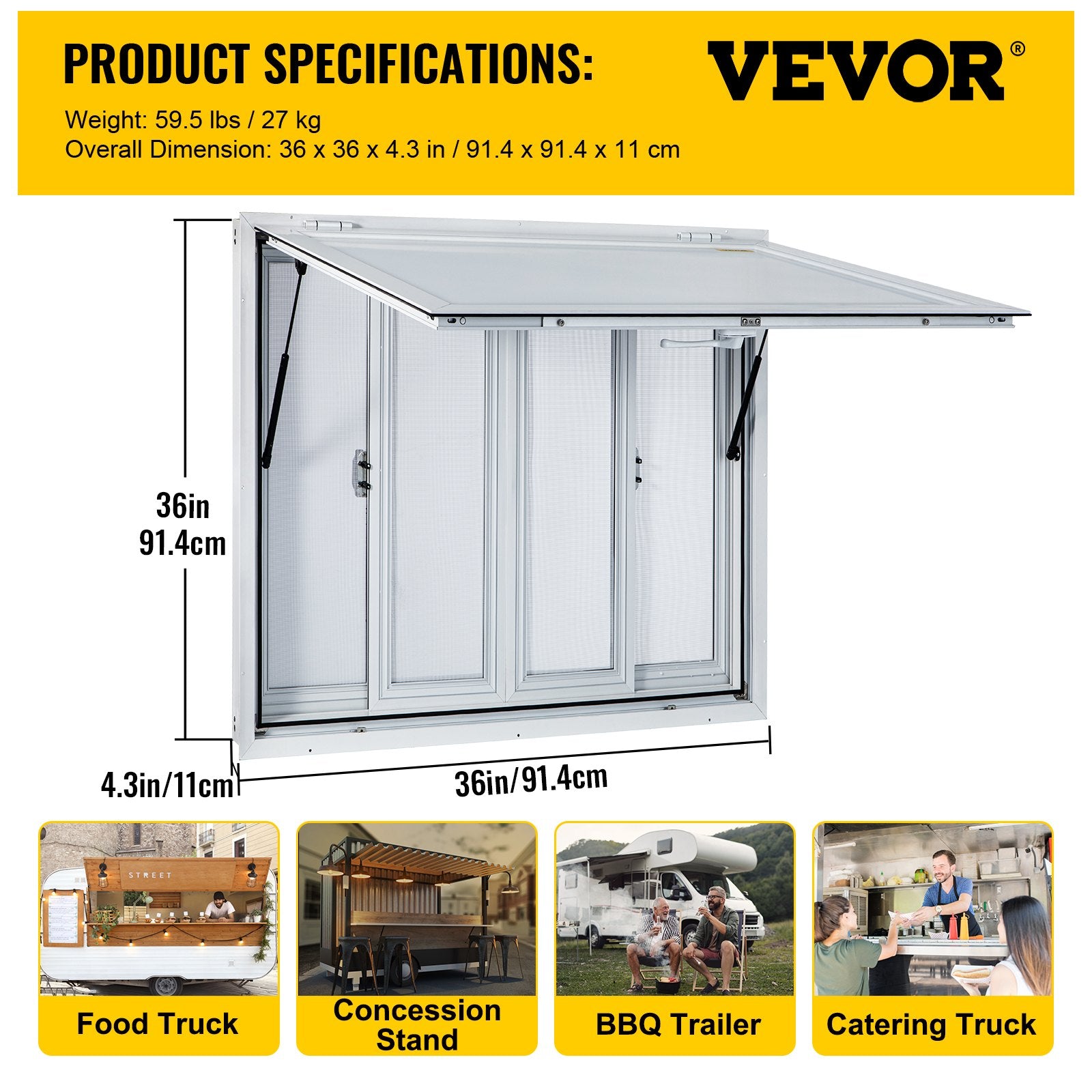 Canopies & Gazebos: VEVOR Concession Window, 91.4 x 91.4 cm Aluminum Alloy Food Truck Service Window with 4 Horizontal Sliding Screen Windows & Awning Door & Drag Hook, Serving Window for Food Trucks Concession Trailers
