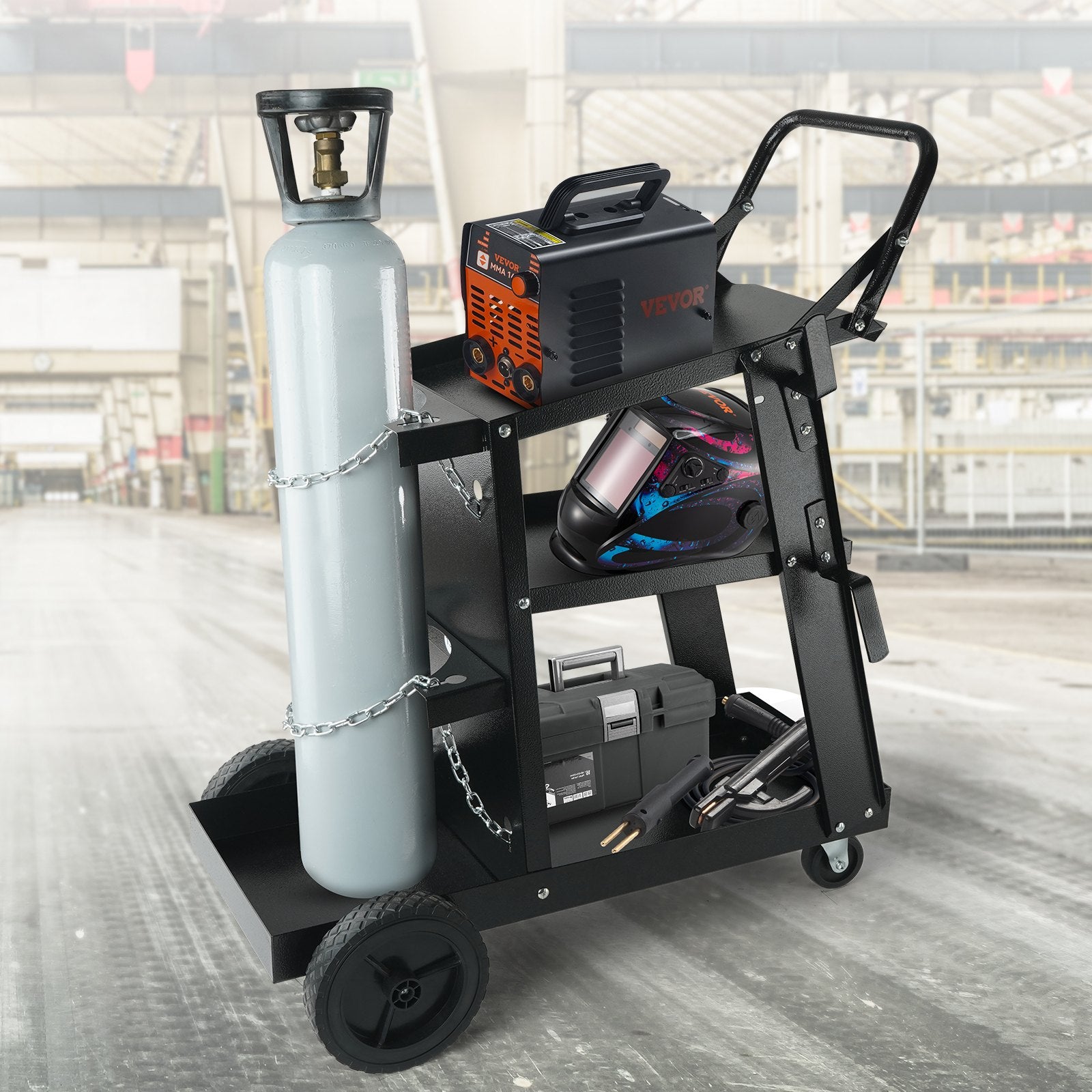 Welding Cart, 3-Tier Welder Cart Heavy Duty with 400 Lbs Weight Capacity, 360° Swivel Wheels, Tank Storage Safety Chains, Rolling MIG Welder Cart for TIG, ARC, MMA, Plasma Cutter Welding Machine
